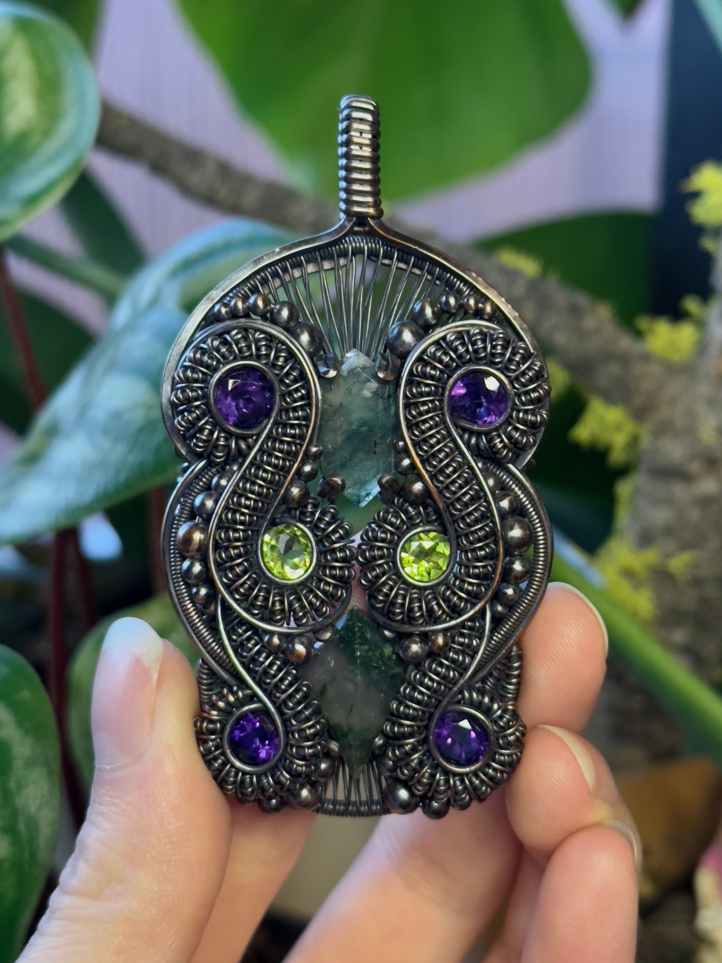Moss Agate, Peridot, and Amethyst Amulet