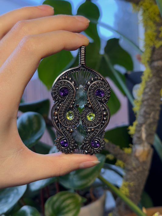 Moss Agate, Peridot, and Amethyst Amulet