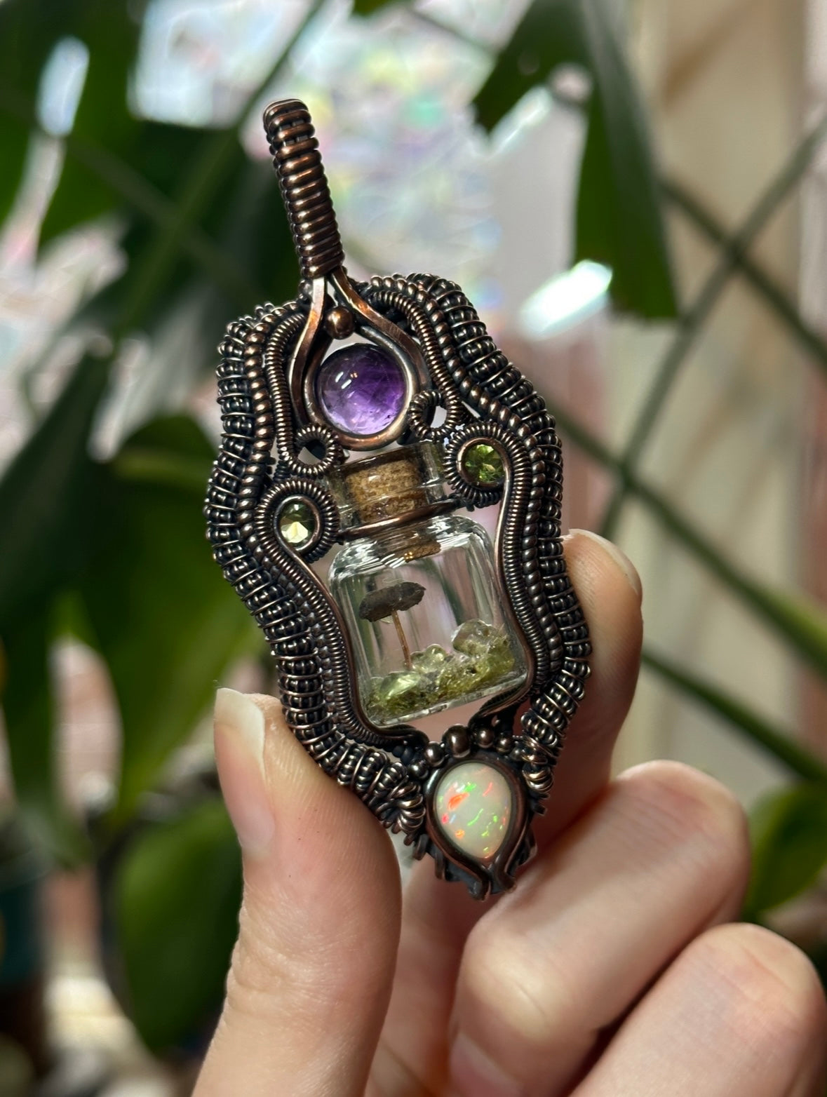 Opal, Amethyst, and Peridot Mushroom Terrarium amulet