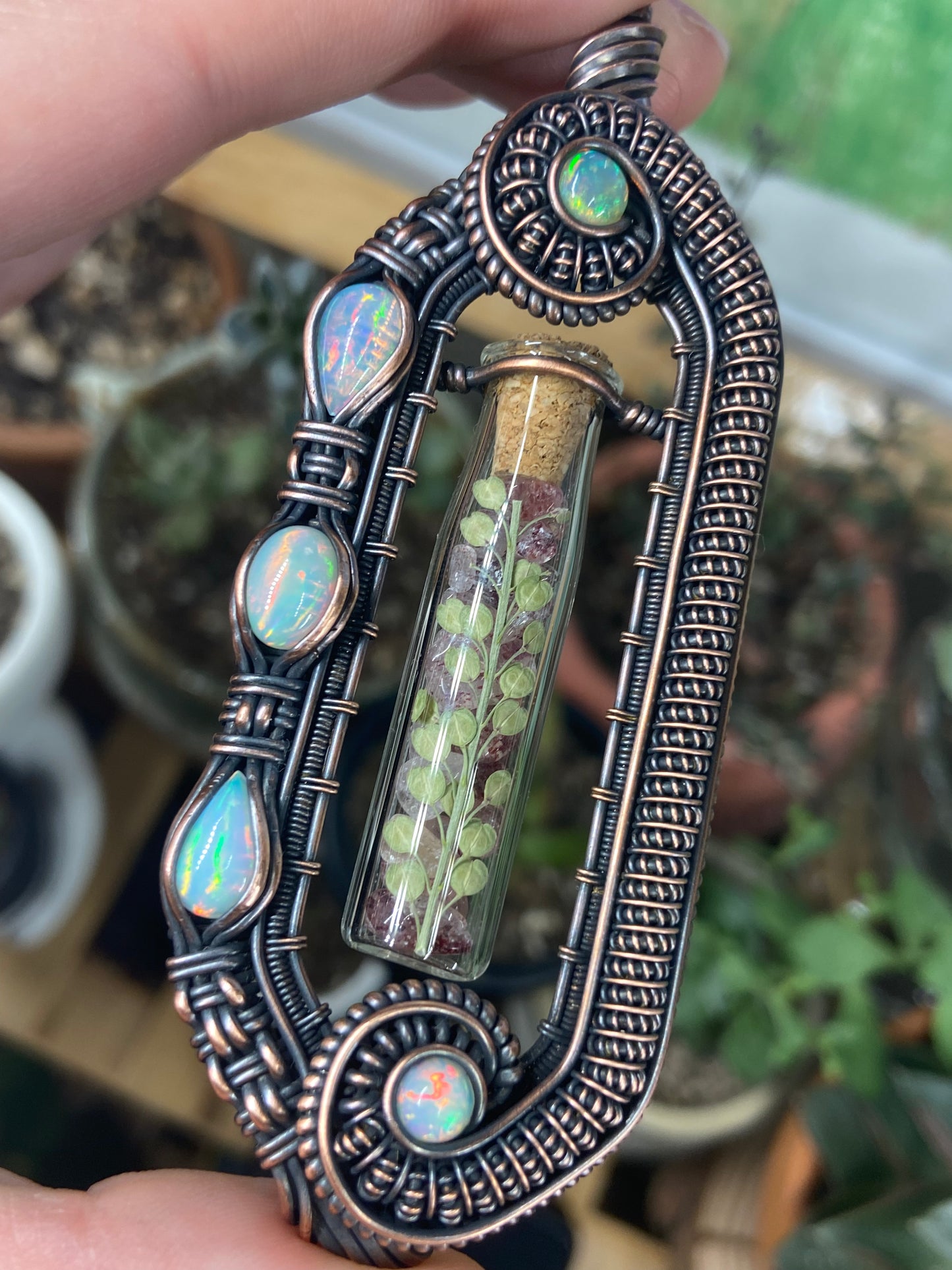 Strawberry Quartz and Opal fern vial amulet