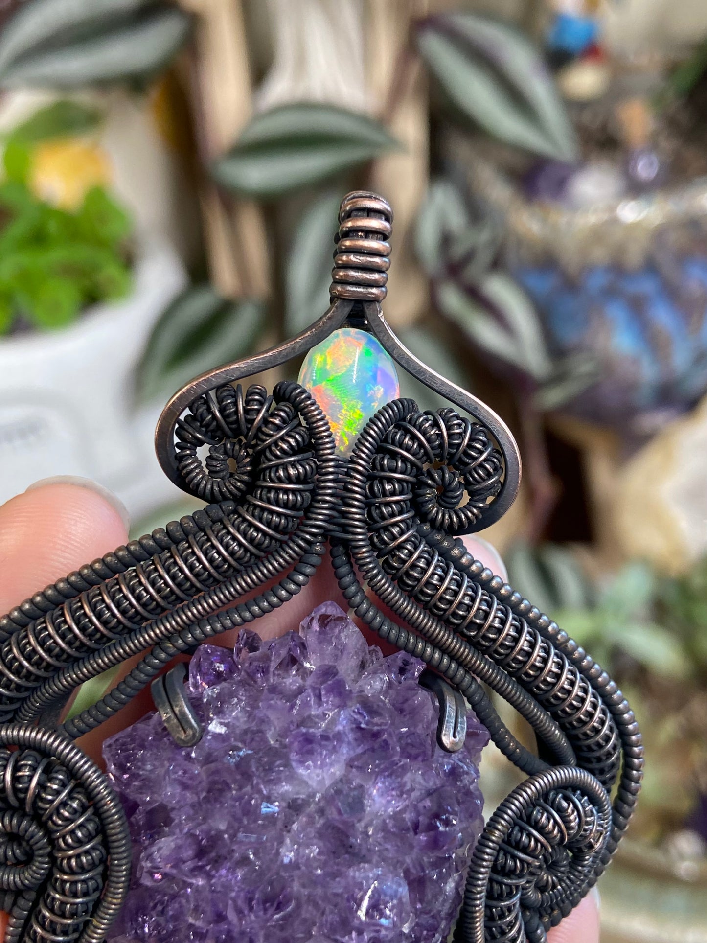 Amethyst, Opal, and Citrine squid amulet in copper