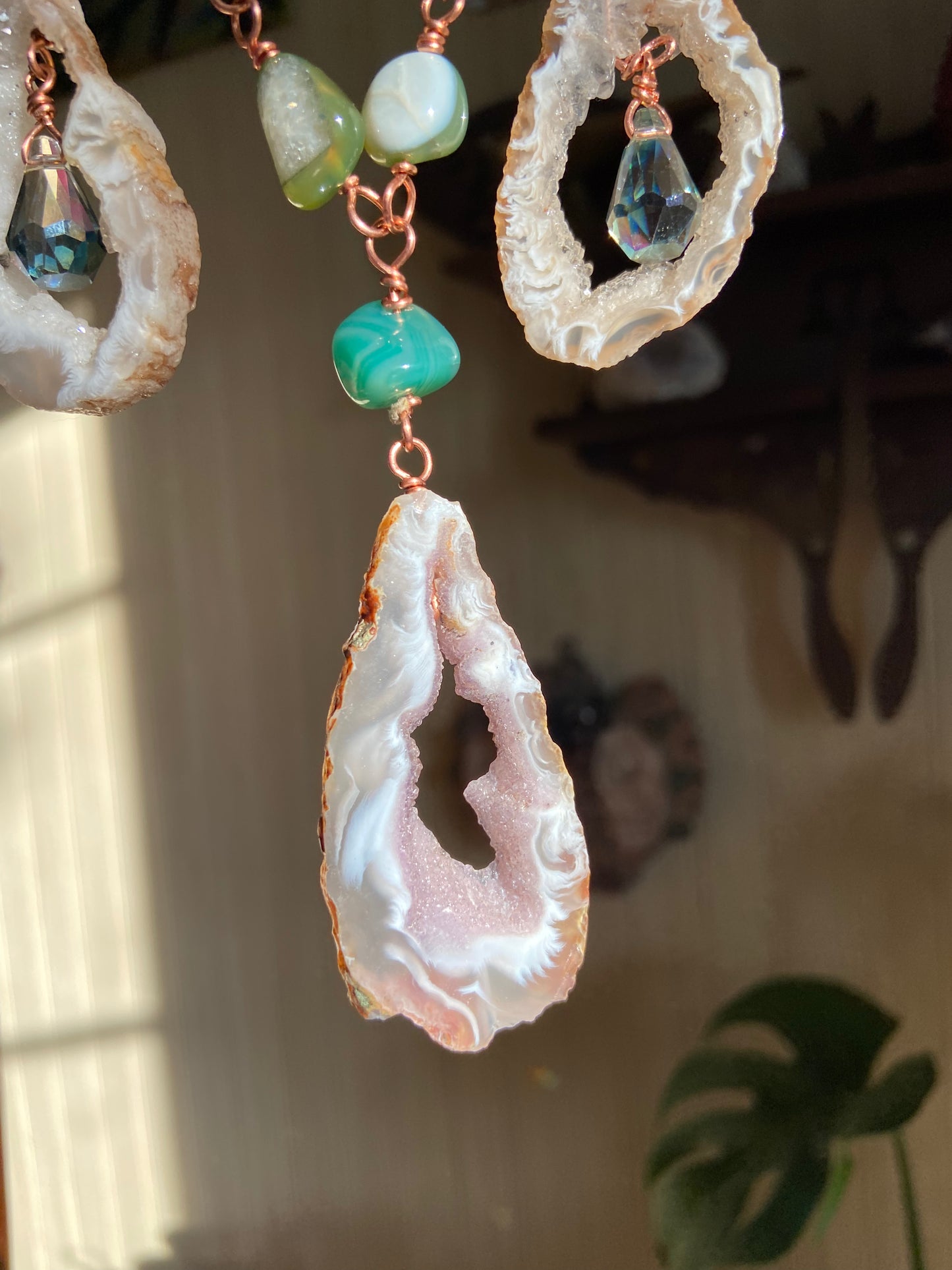 Blue/white agate pentacle sun catcher
