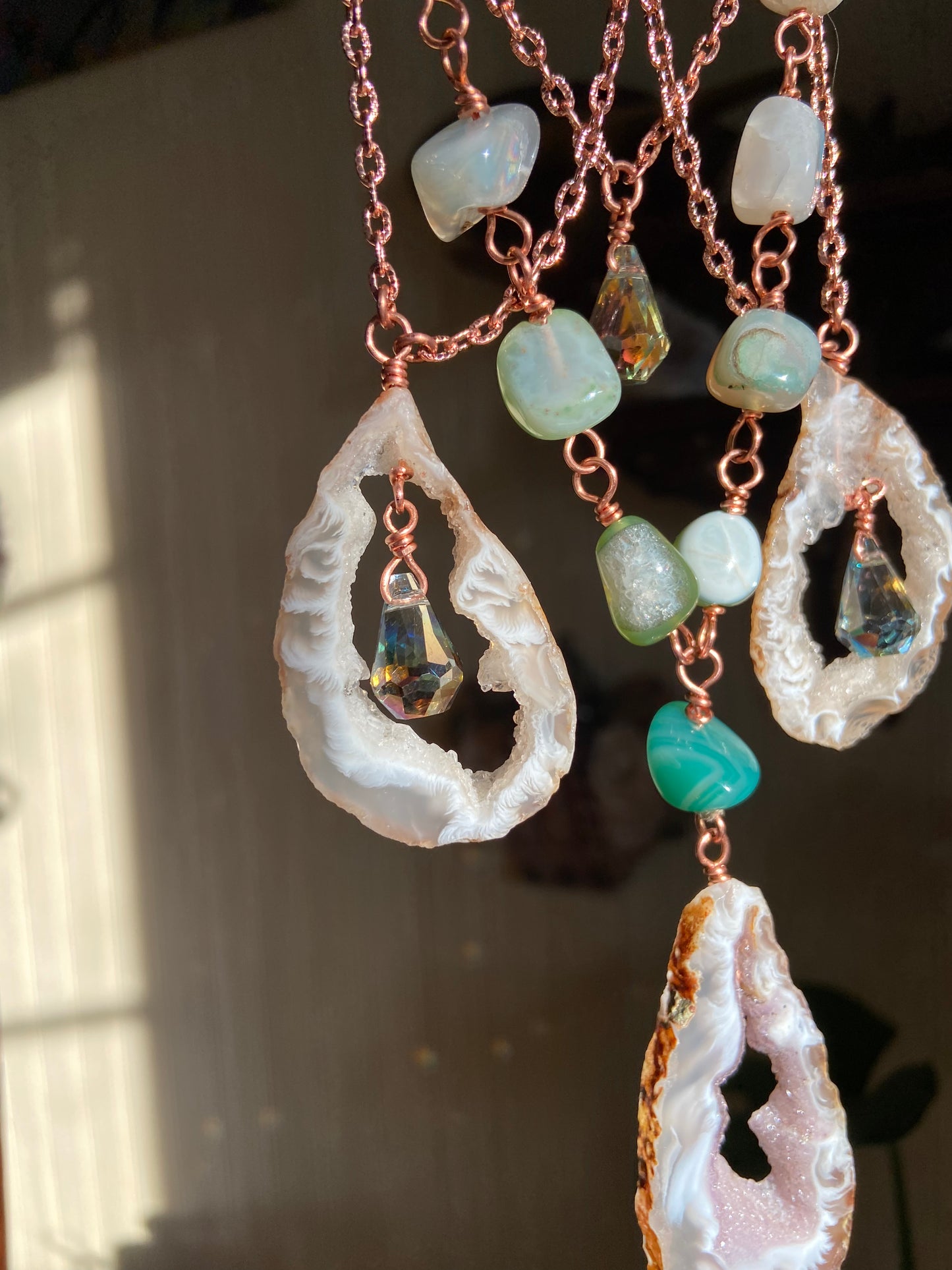 Blue/white agate pentacle sun catcher