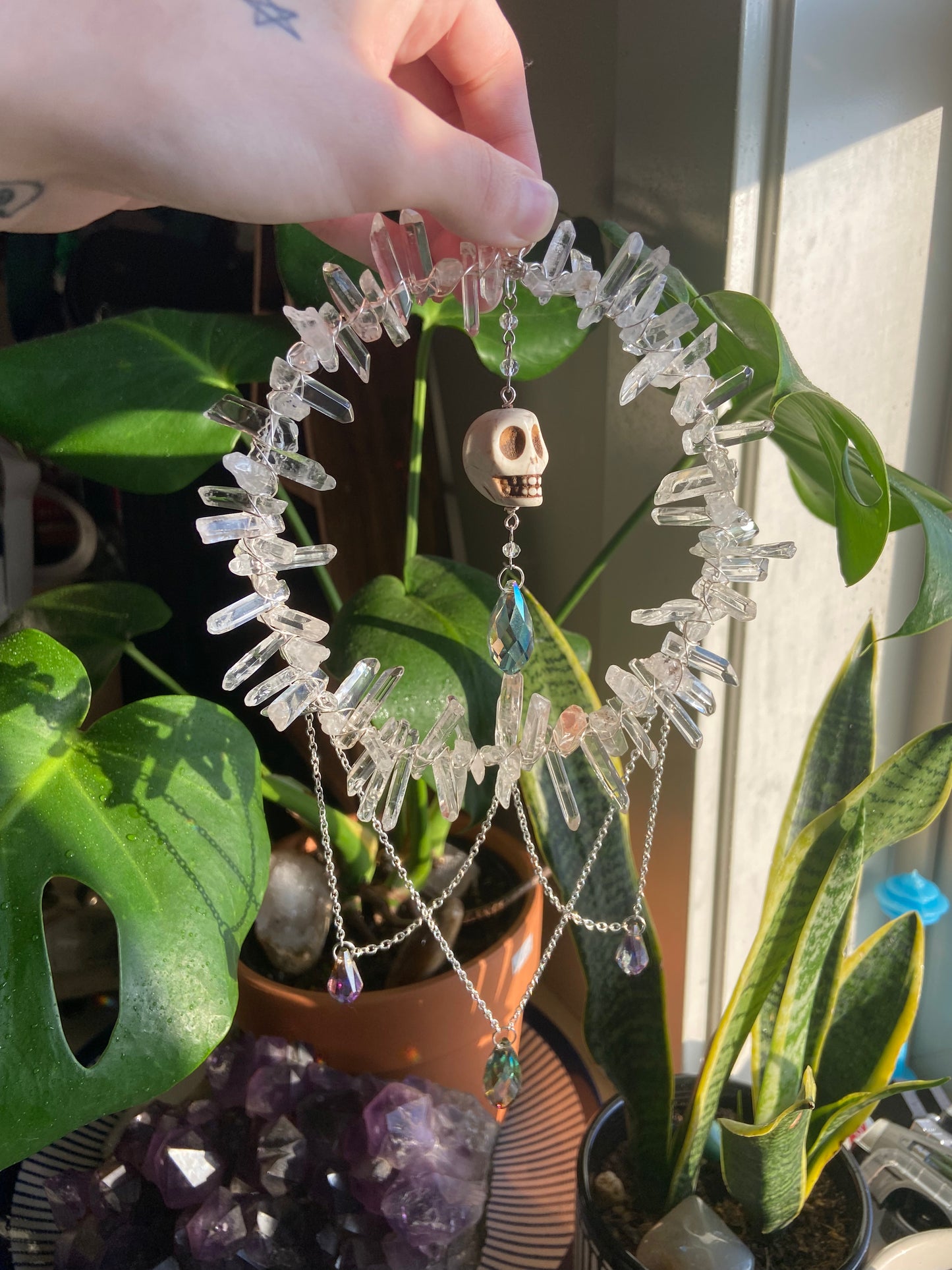 Clear Quartz and Howlite skeleton suncatcher