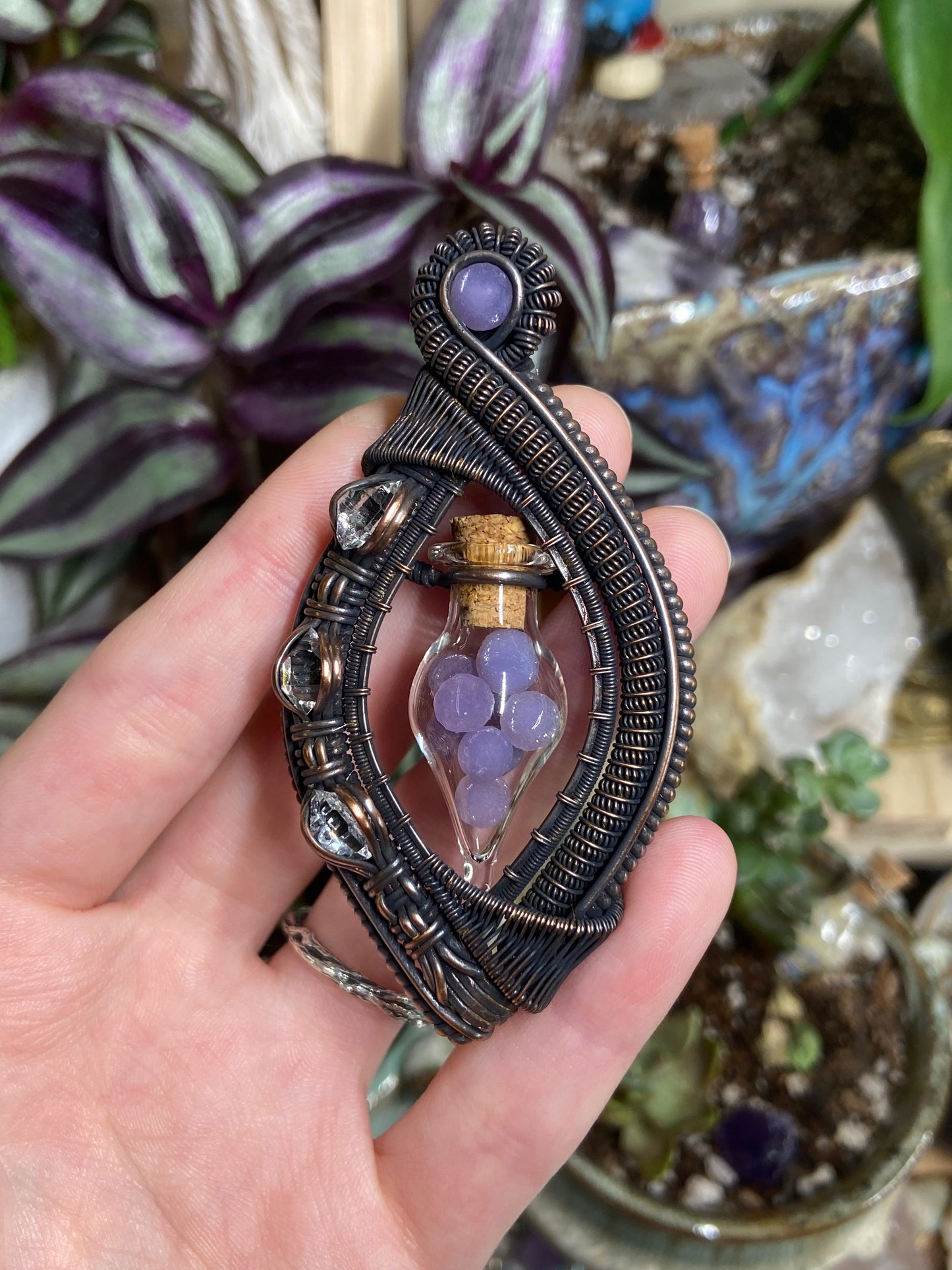 Grape Agate and Herkimer Diamond vial vortex amulet in copper
