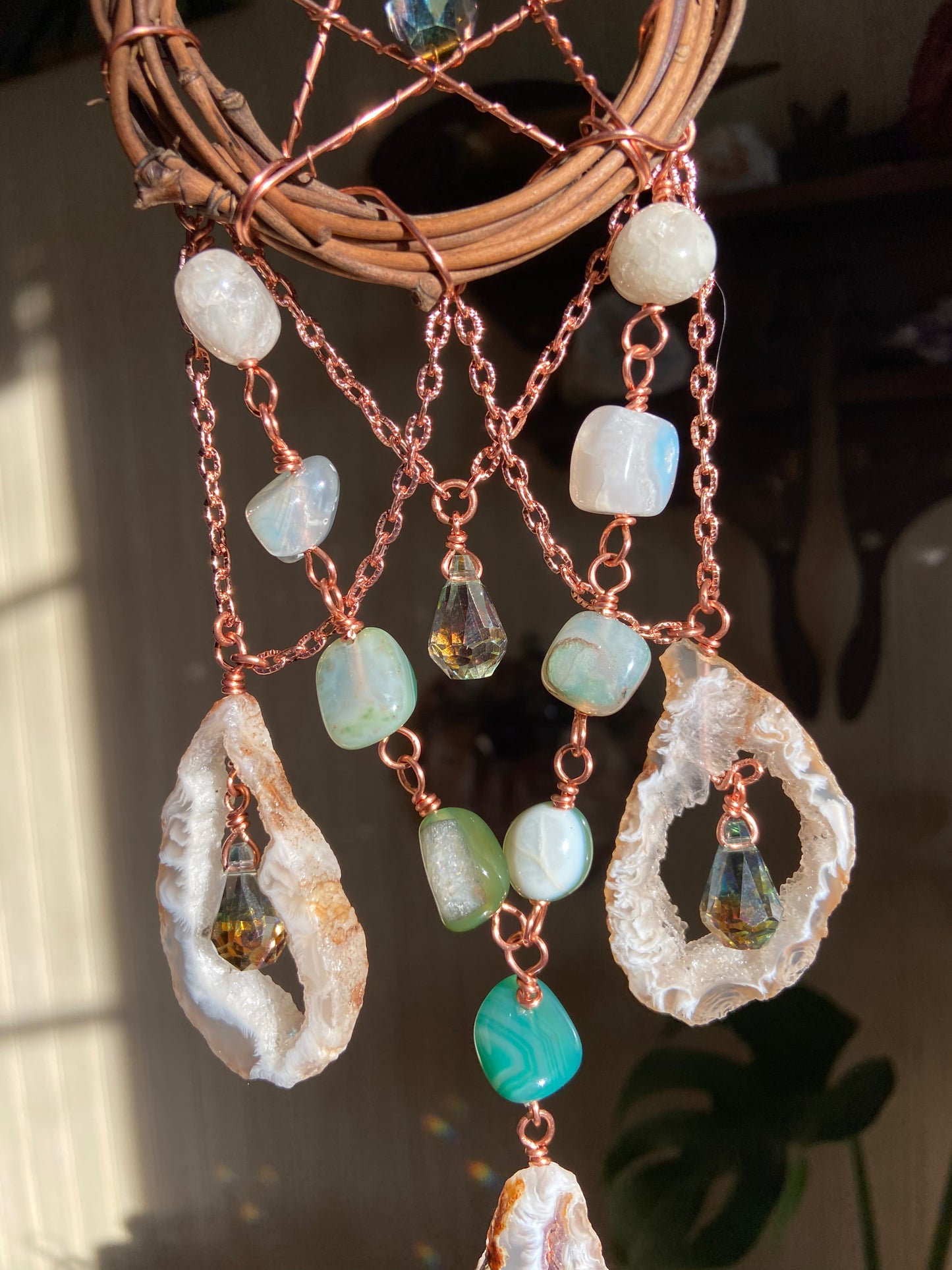 Blue/white agate pentacle sun catcher