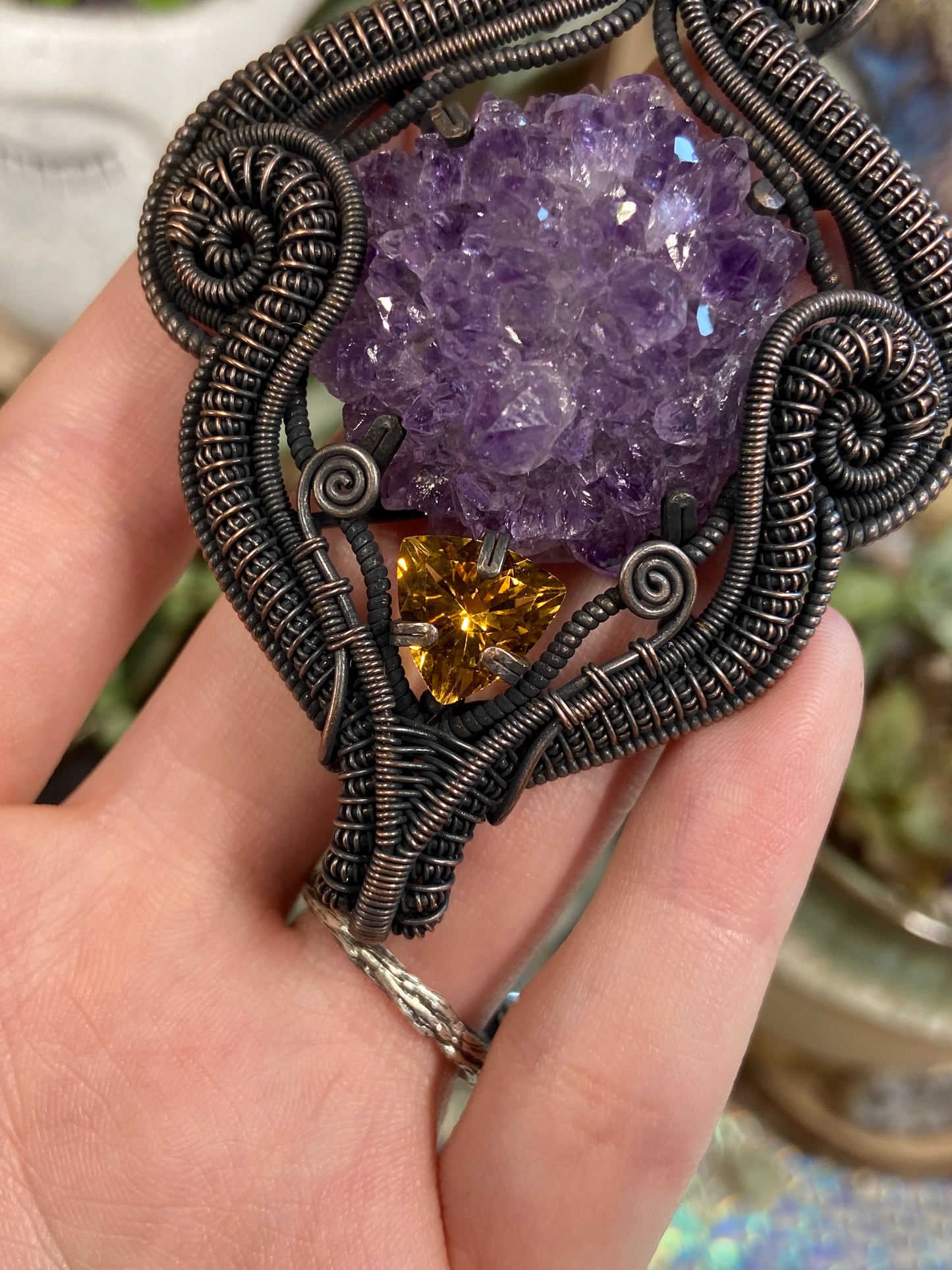Amethyst, Opal, and Citrine squid amulet in copper