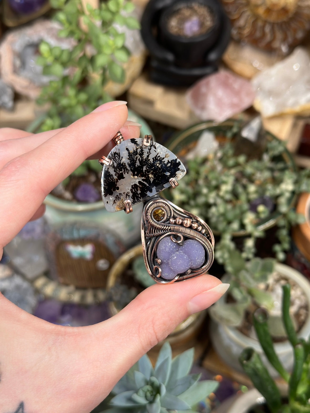 Dendritic Agate, Grape Agate, and Citrine mushroom amulet