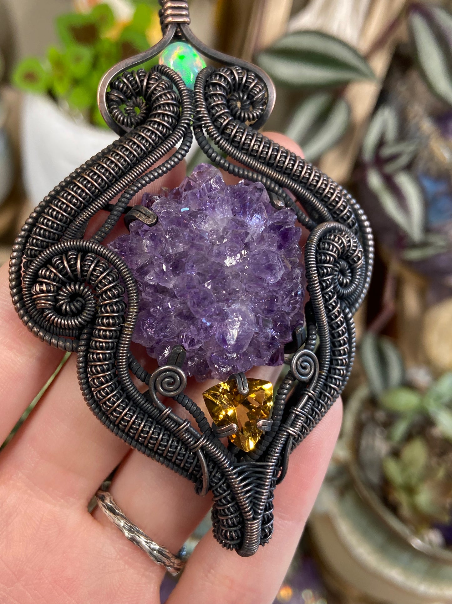 Amethyst, Opal, and Citrine squid amulet in copper