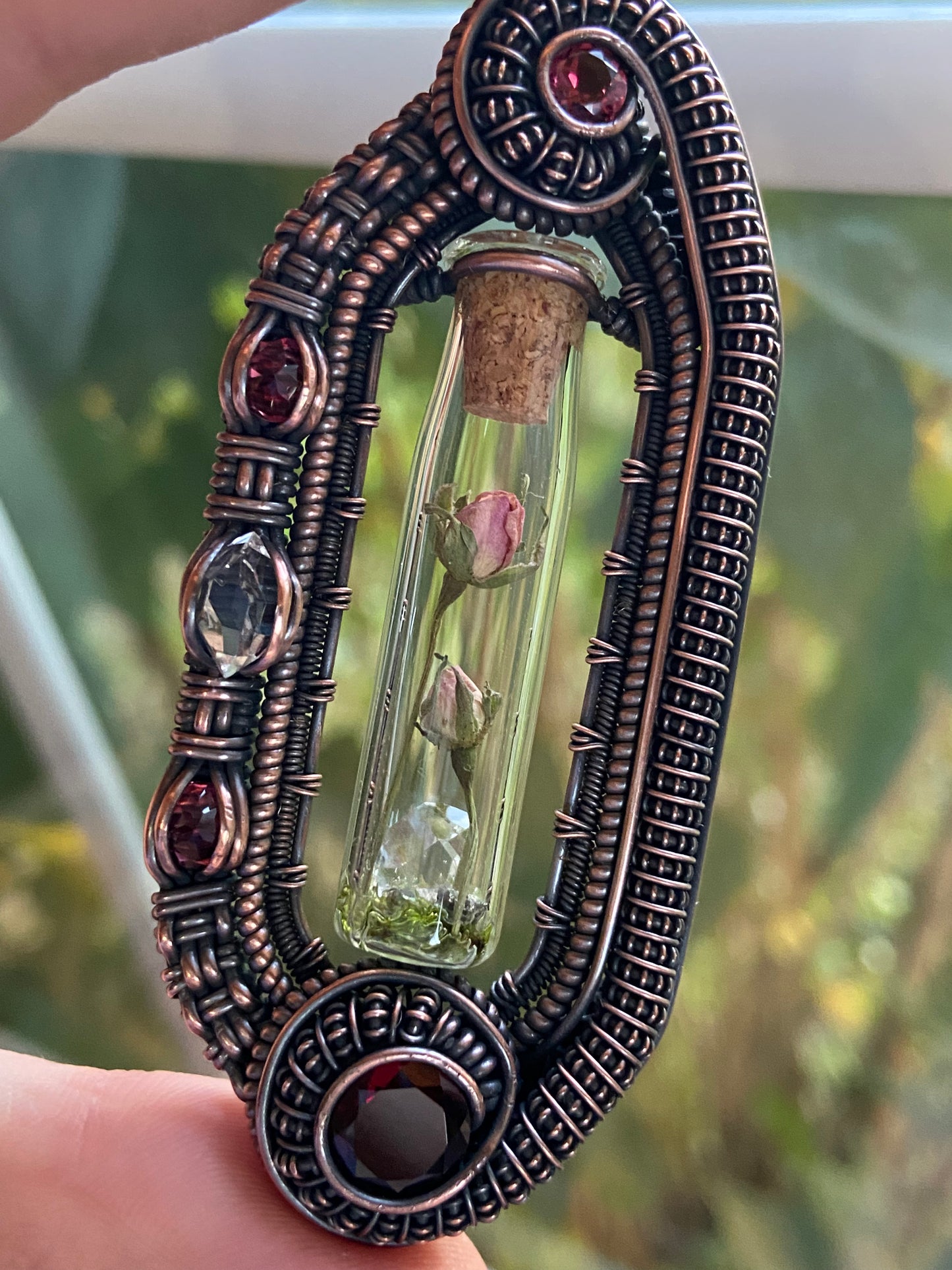 Garnet rose terrarium amulet