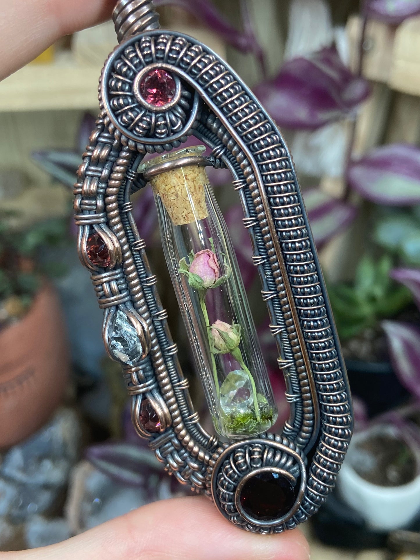 Garnet rose terrarium amulet