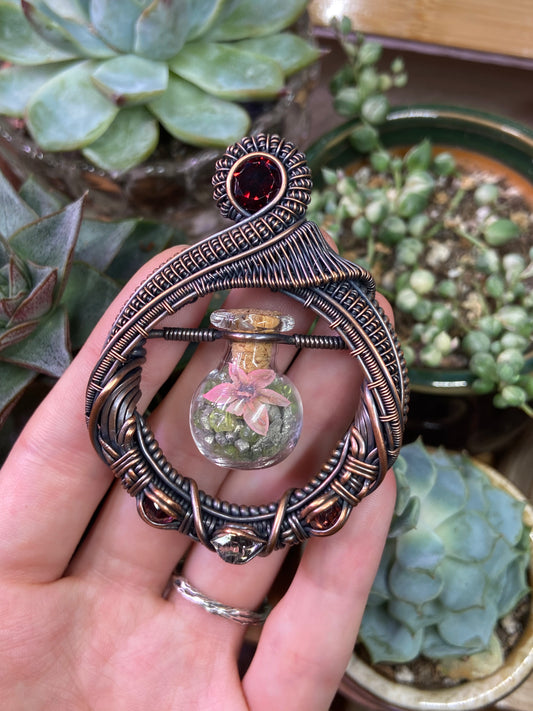 Peridot and pyrite wildflower vial amulet
