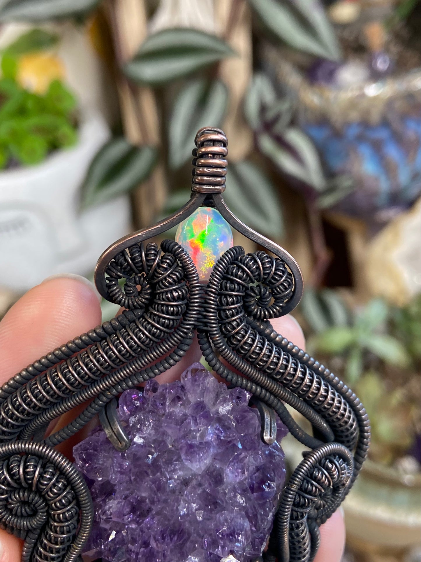Amethyst, Opal, and Citrine squid amulet in copper