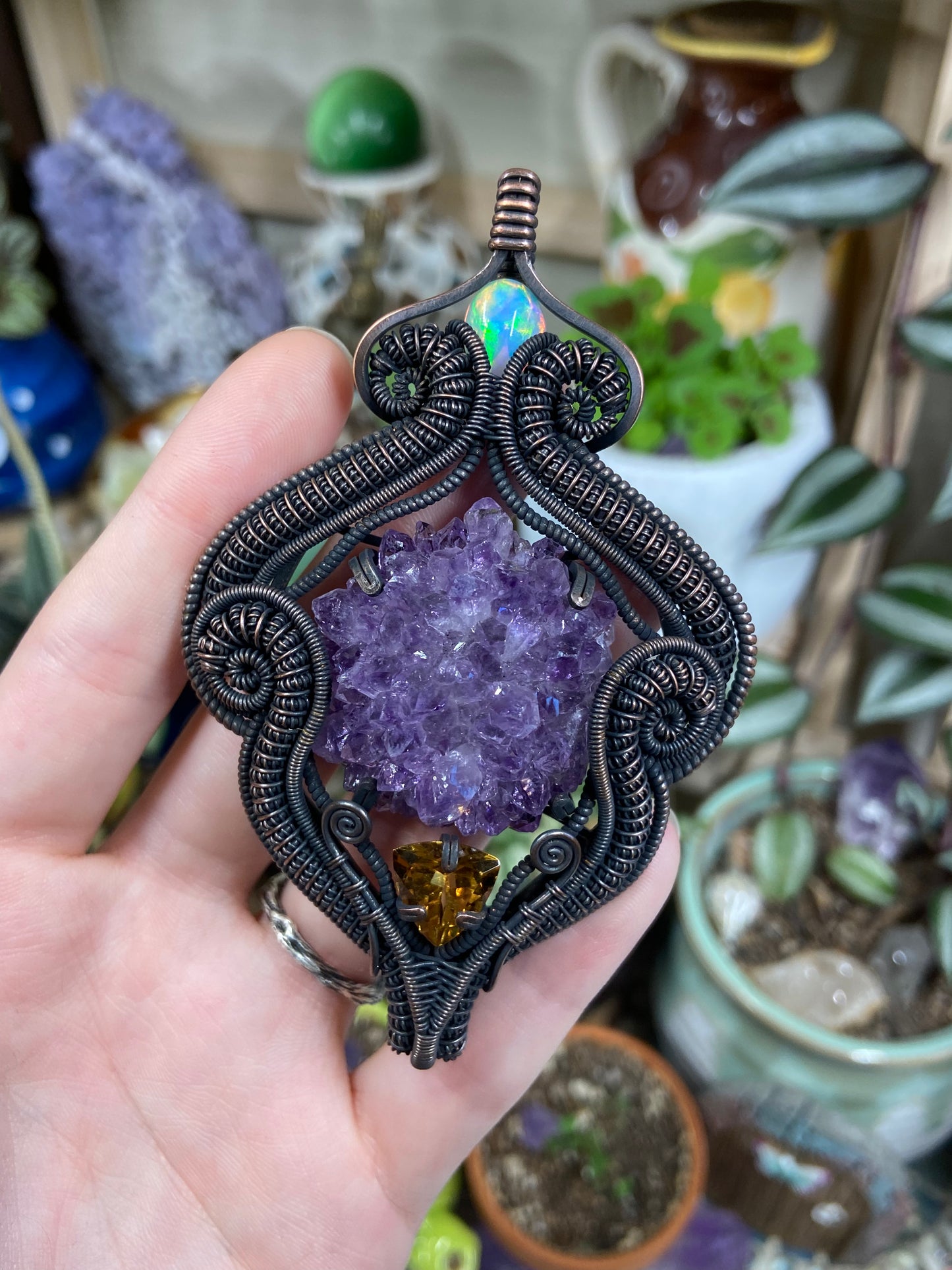 Amethyst, Opal, and Citrine squid amulet in copper