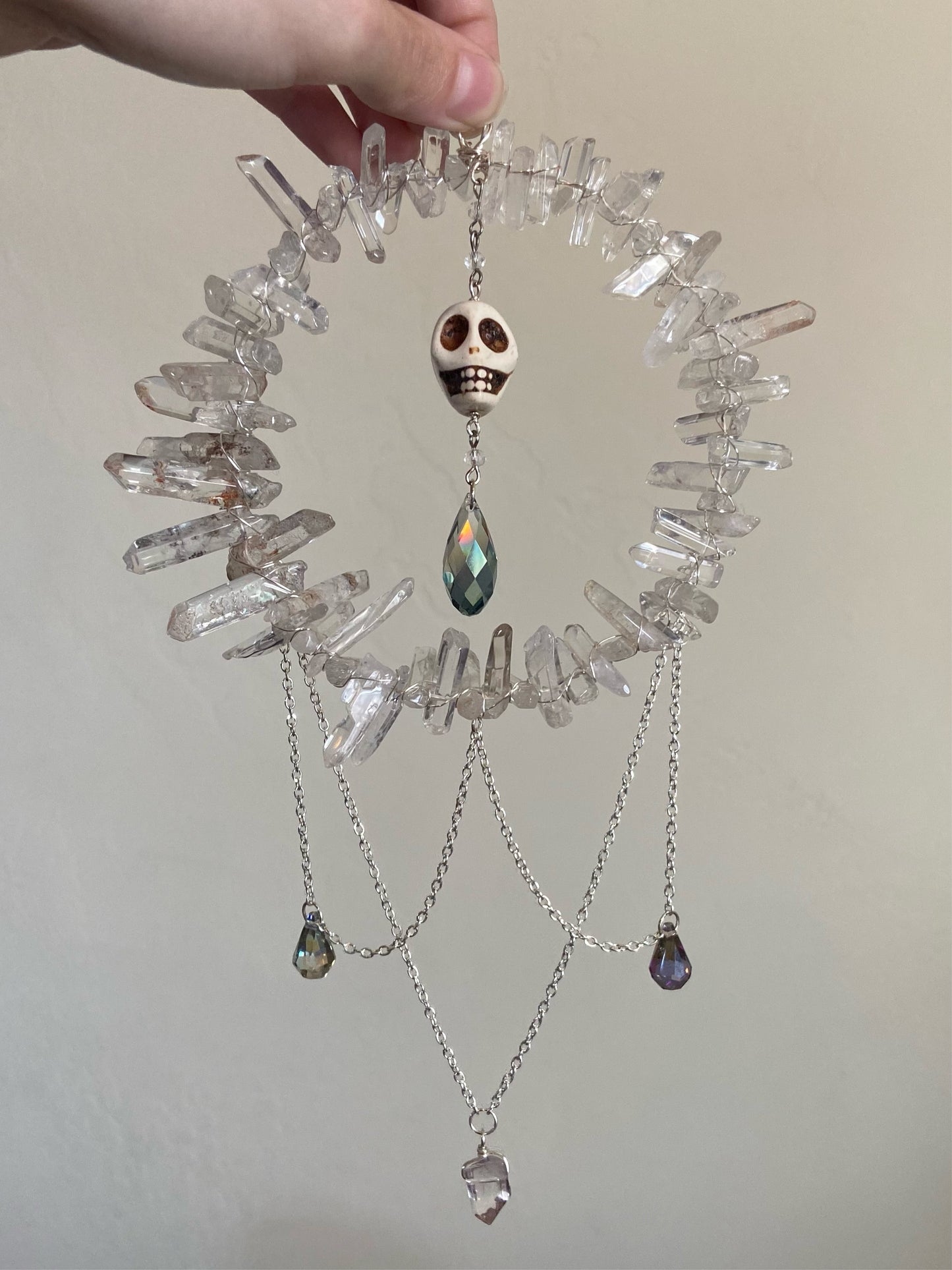 Clear quartz and Howlite skeleton sun catcher