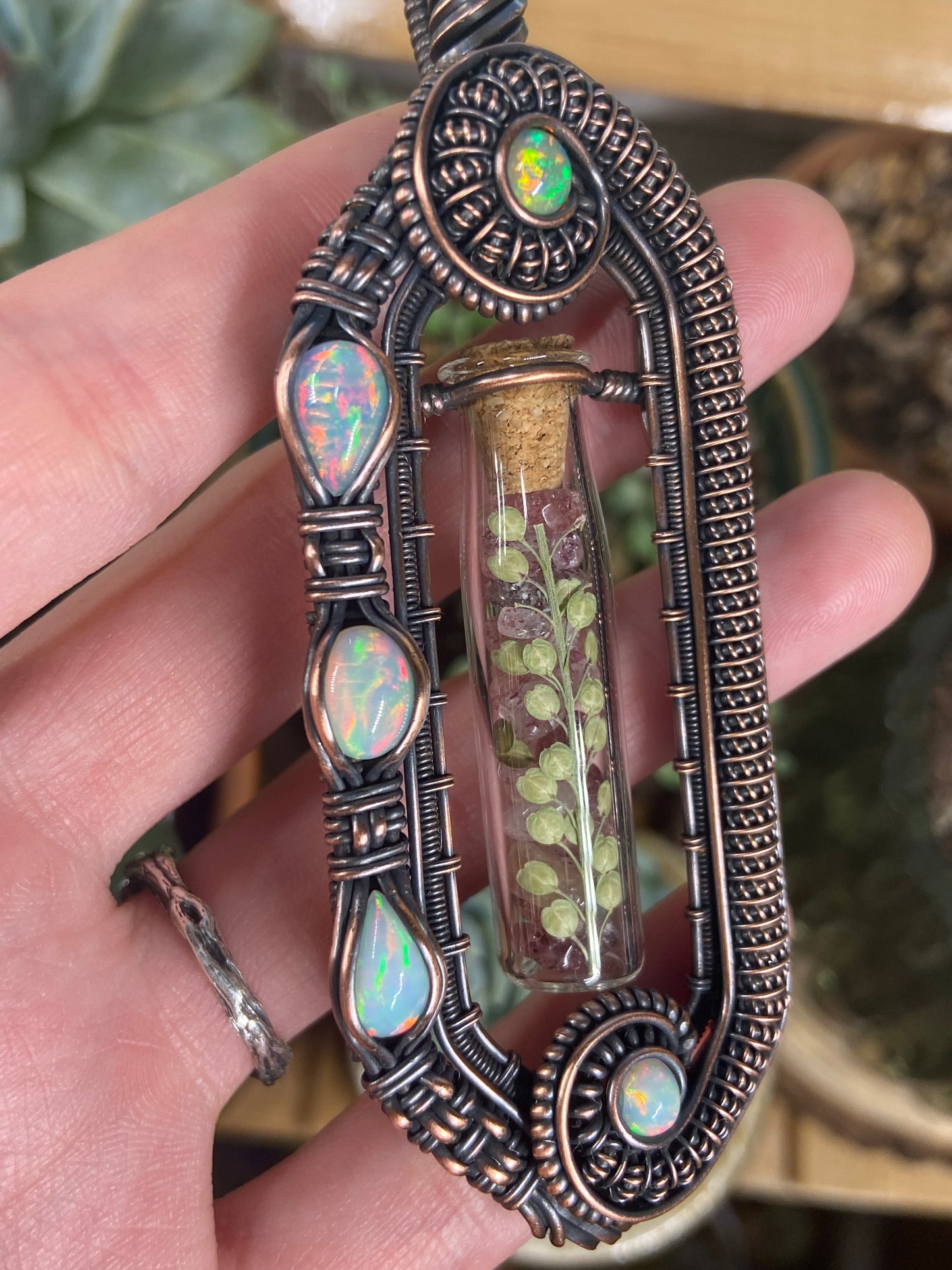 Strawberry Quartz and Opal fern vial amulet