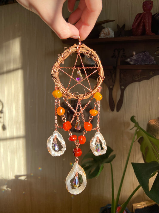 Red/yellow agate pentacle sun catcher