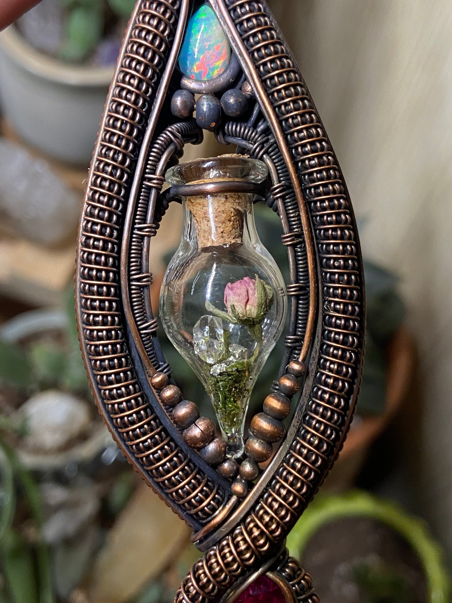 Pink Ruby rose terrarium amulet