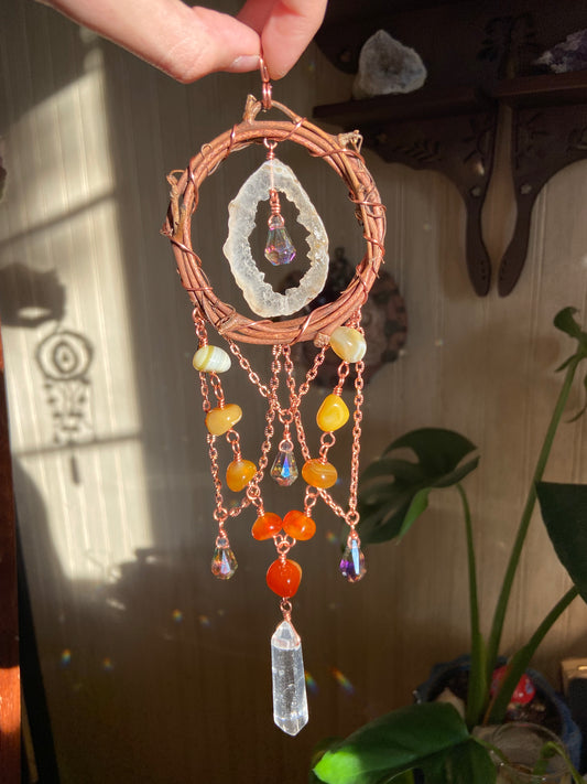 Red/yellow Agate and Quartz sun catcher