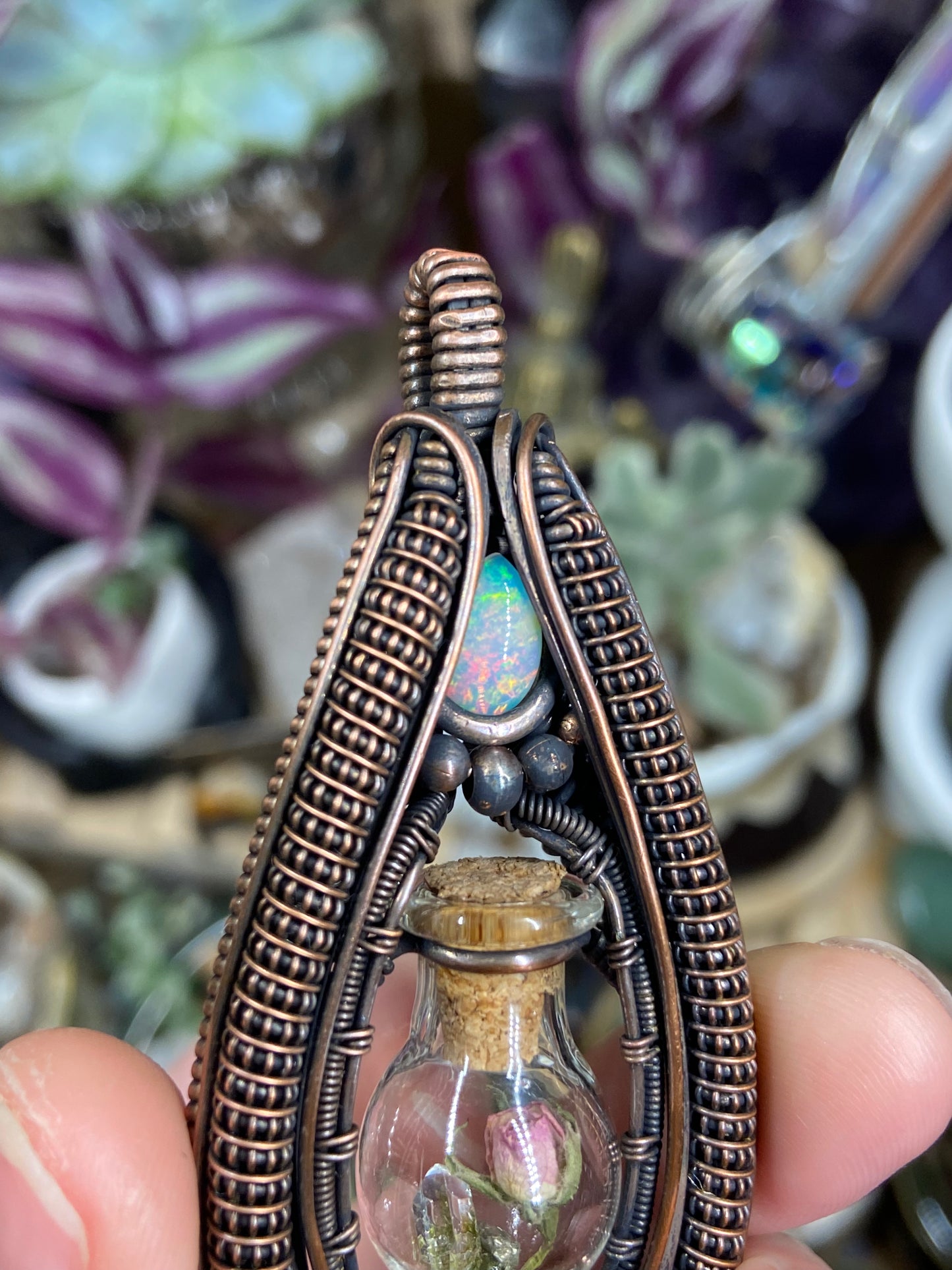 Pink Ruby rose terrarium amulet