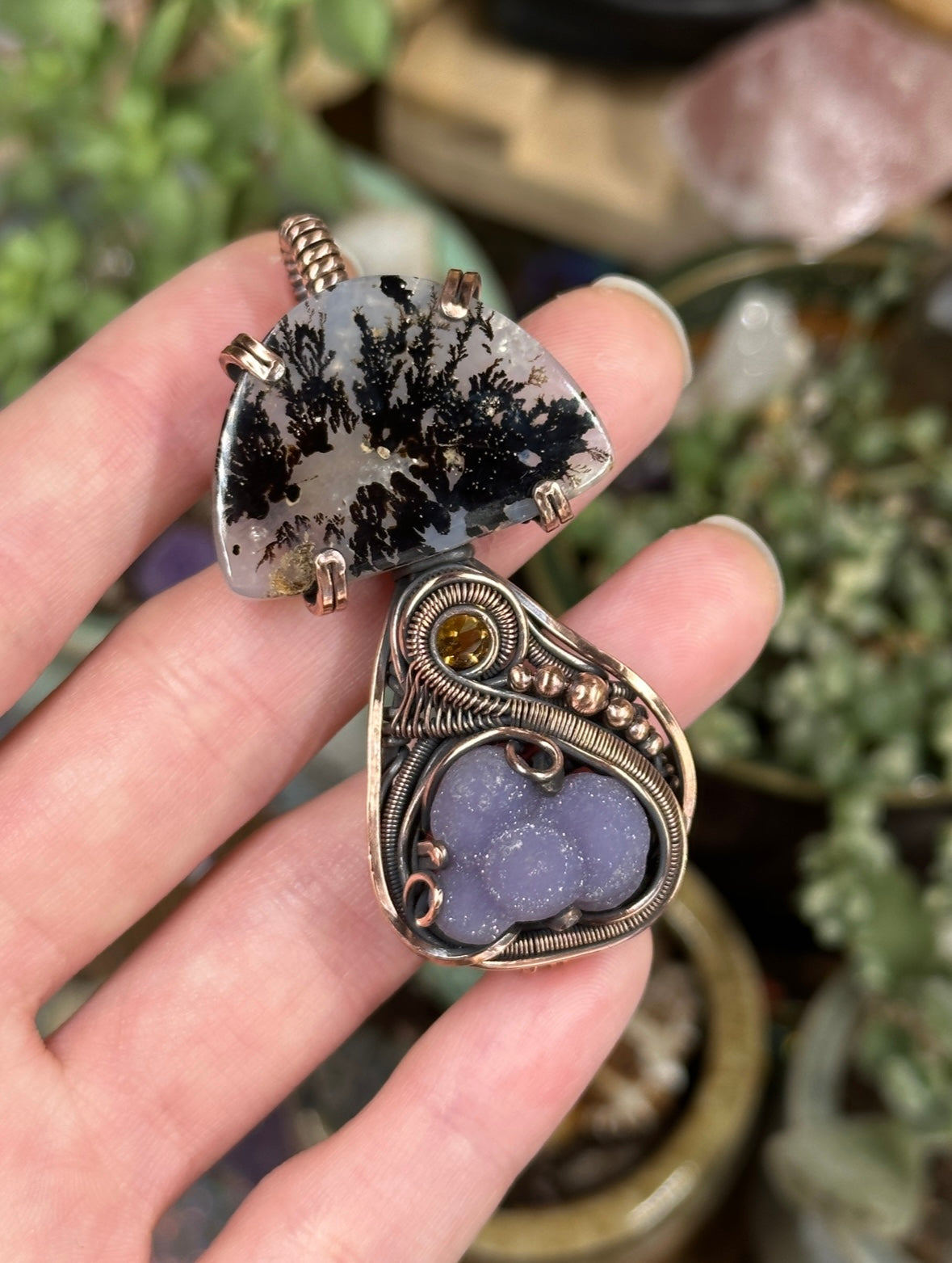 Dendritic Agate, Grape Agate, and Citrine mushroom amulet