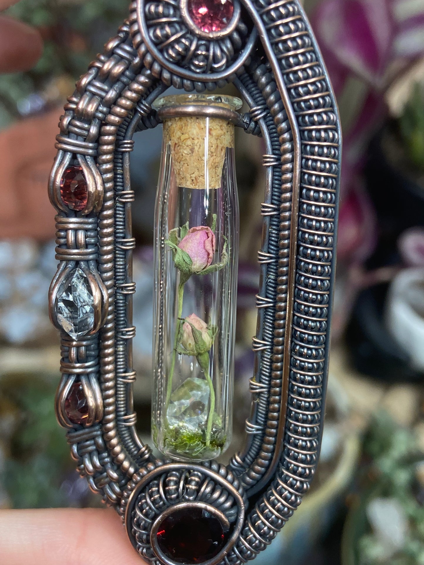 Garnet rose terrarium amulet