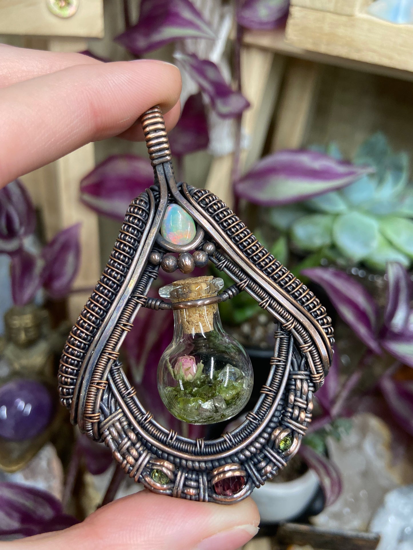 Garden rose terrarium amulet
