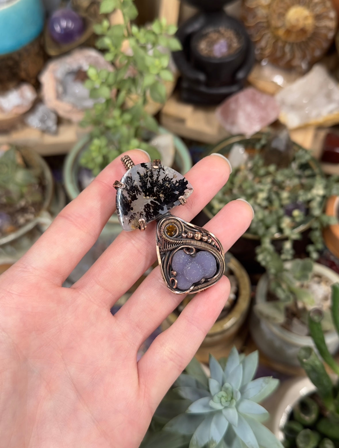 Dendritic Agate, Grape Agate, and Citrine mushroom amulet