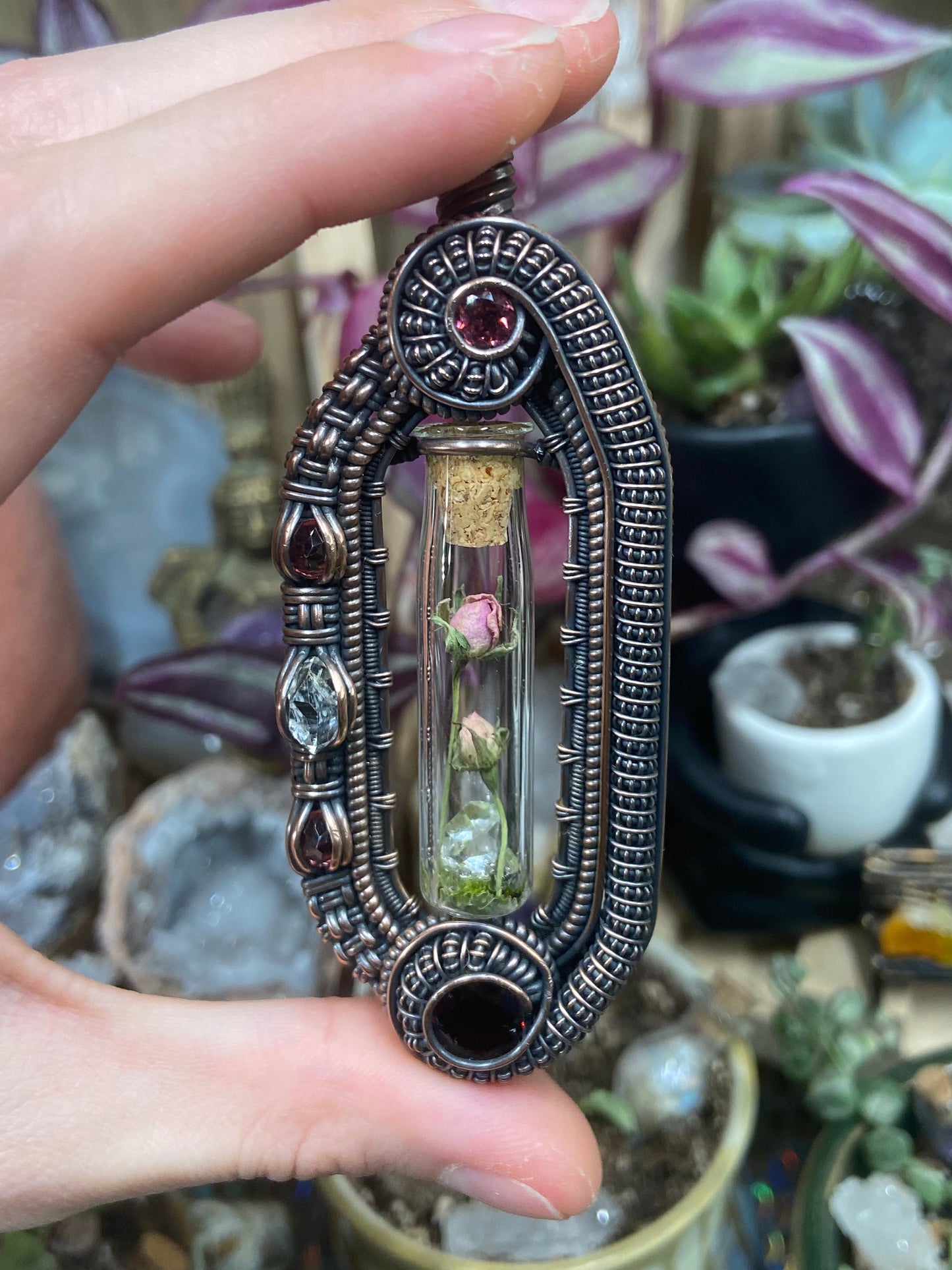 Garnet rose terrarium amulet