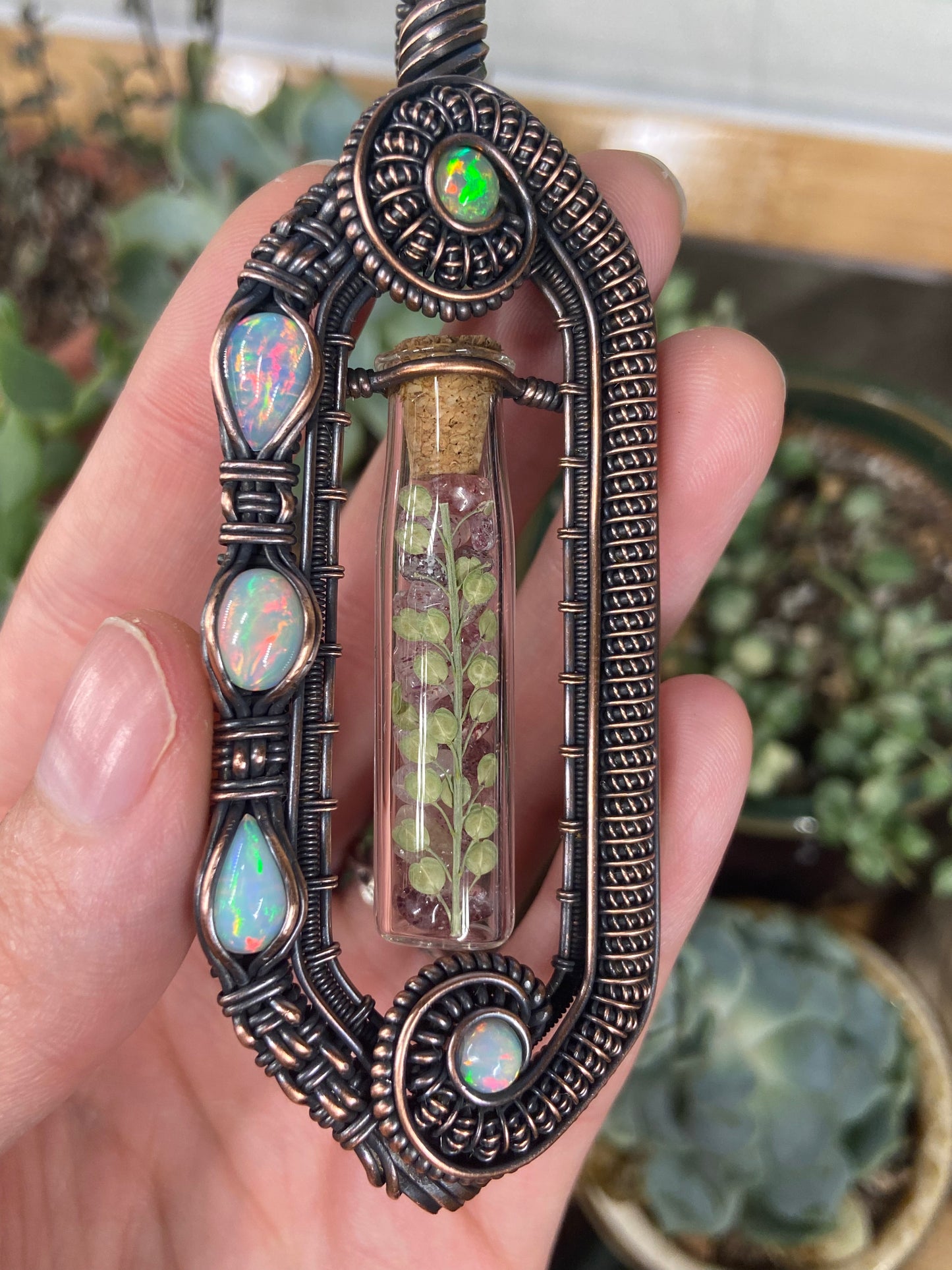 Strawberry Quartz and Opal fern vial amulet