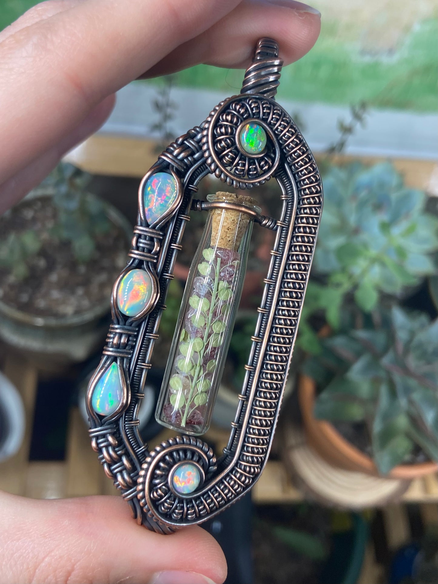Strawberry Quartz and Opal fern vial amulet
