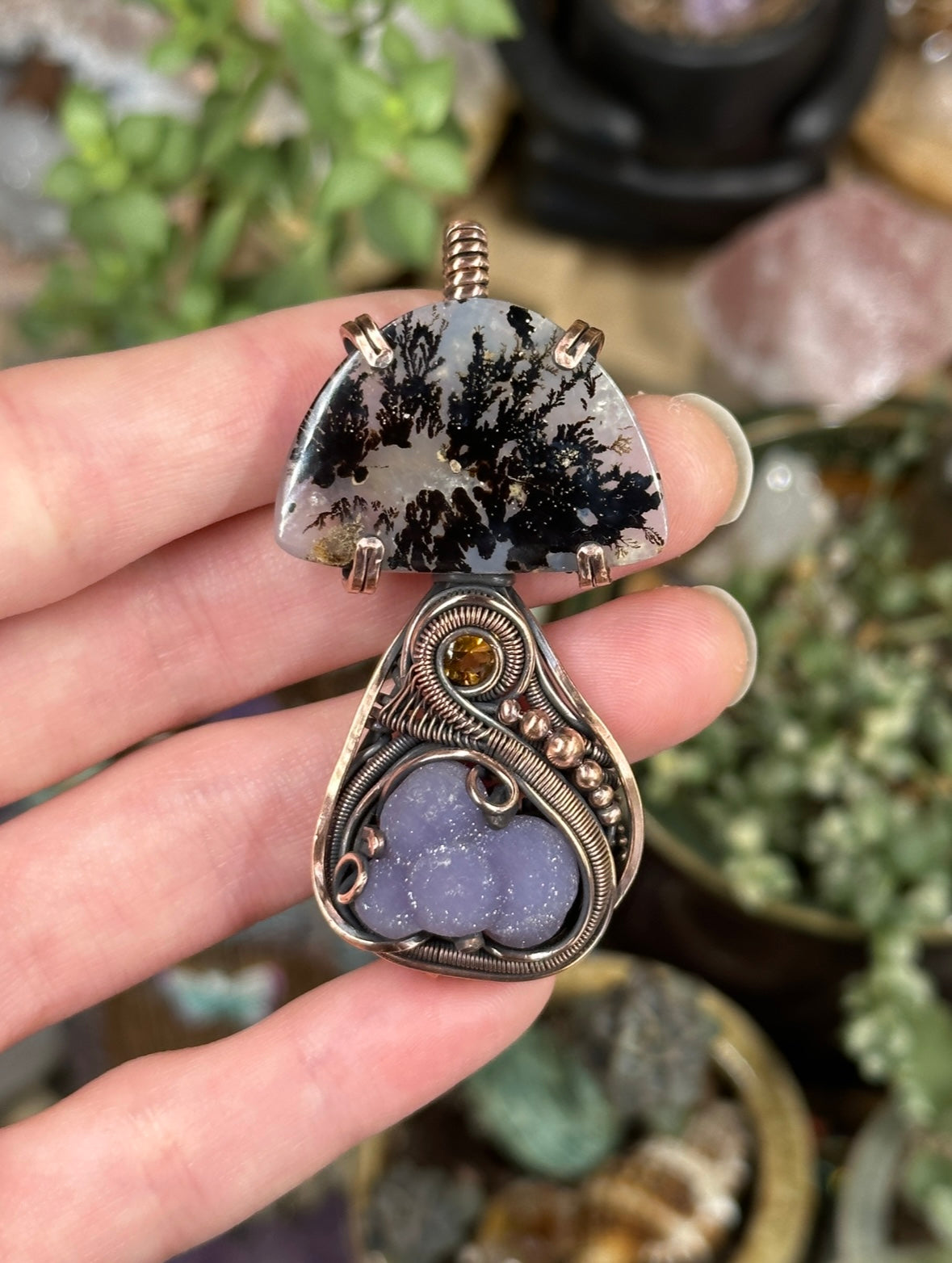 Dendritic Agate, Grape Agate, and Citrine mushroom amulet