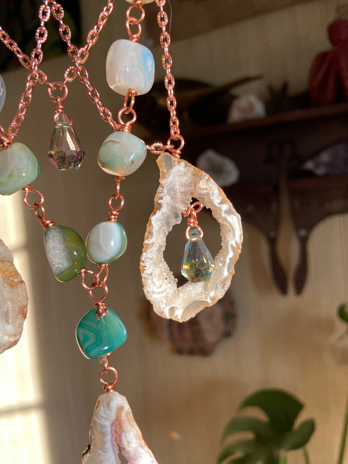 Blue/white agate pentacle sun catcher