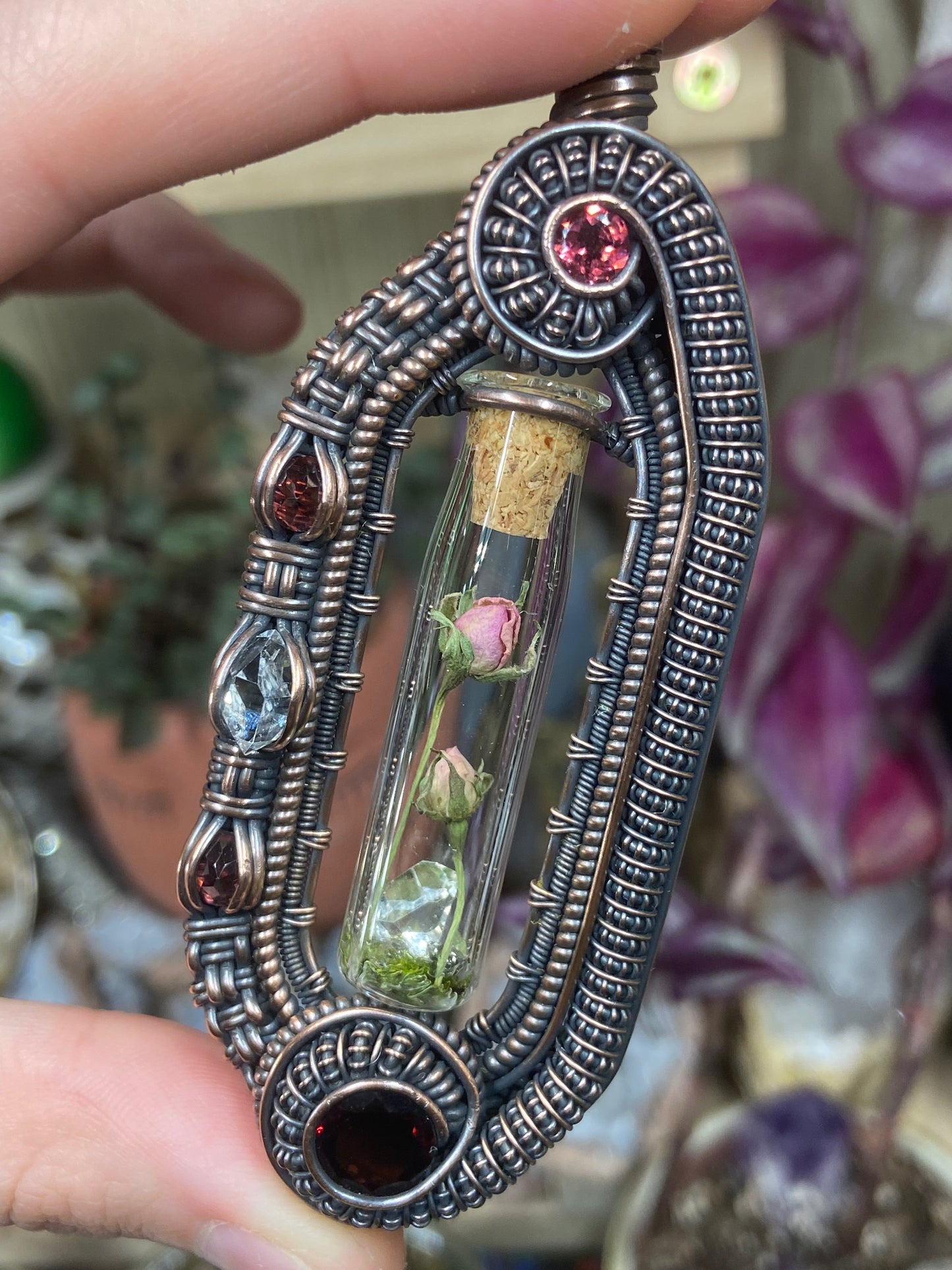 Garnet rose terrarium amulet