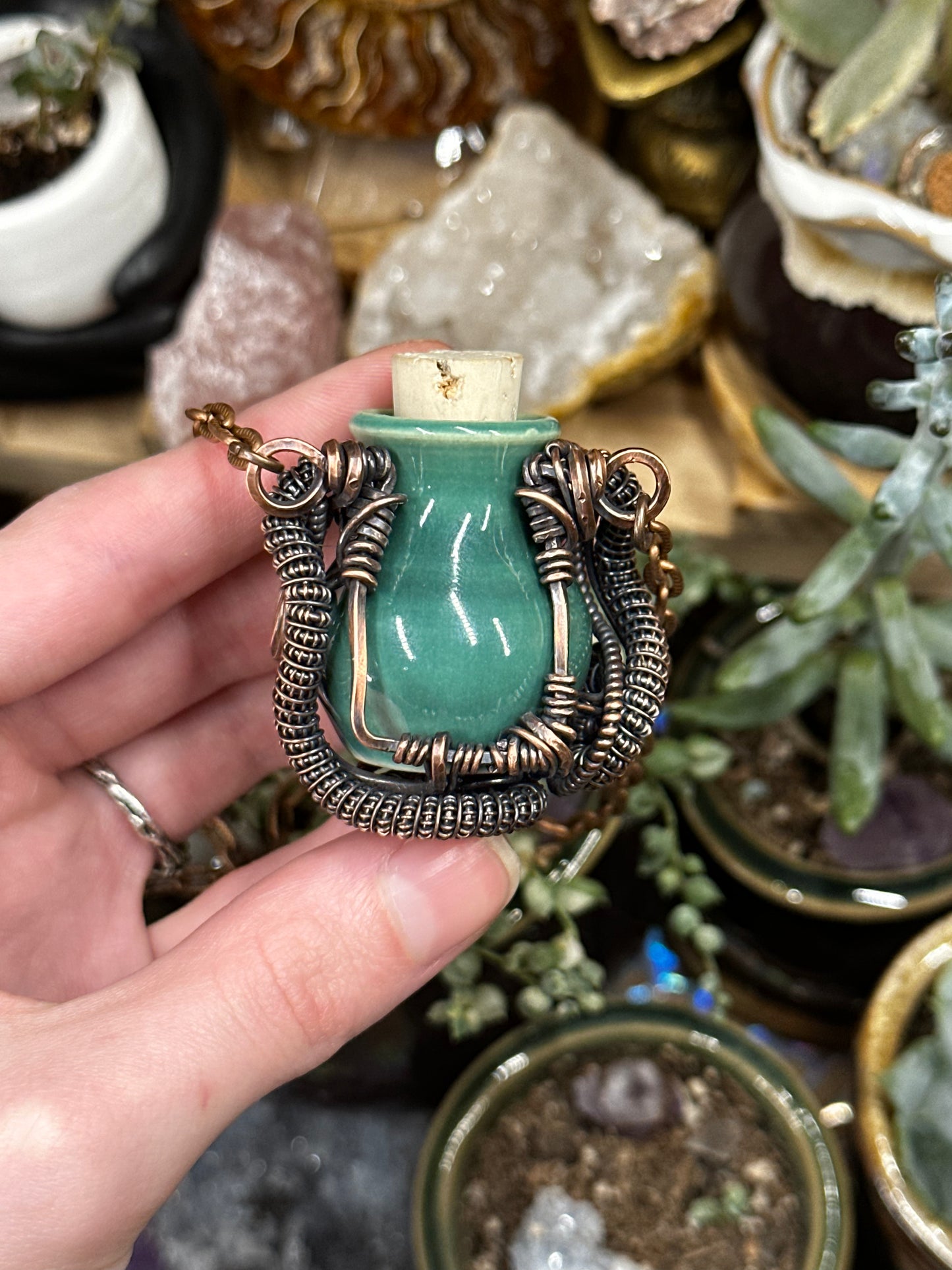 Herkimer Diamond and Peridot mini pottery jar amulet