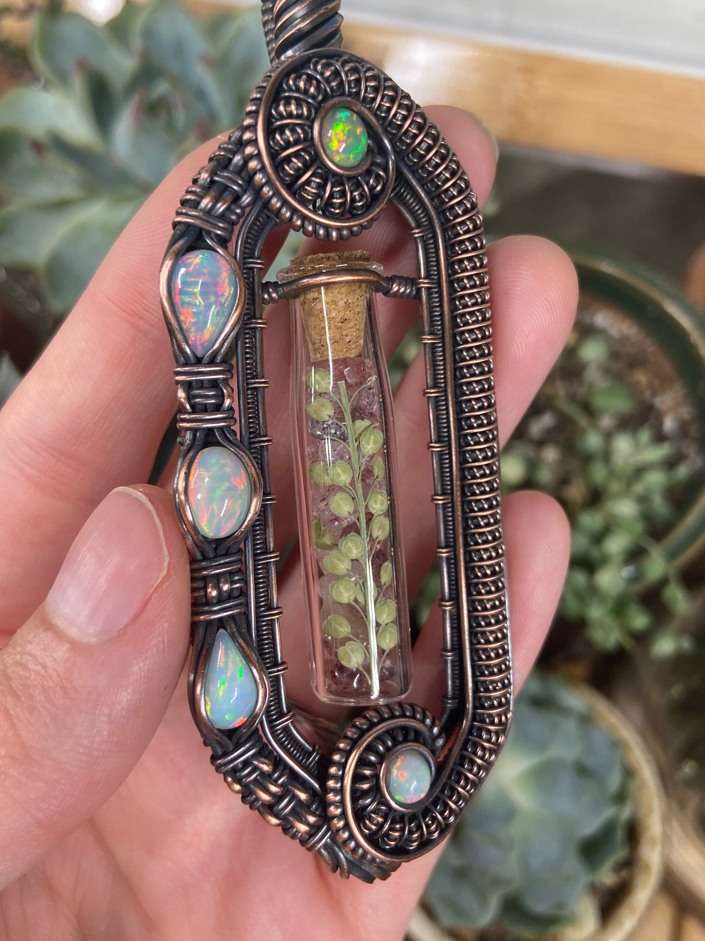 Strawberry Quartz and Opal fern vial amulet