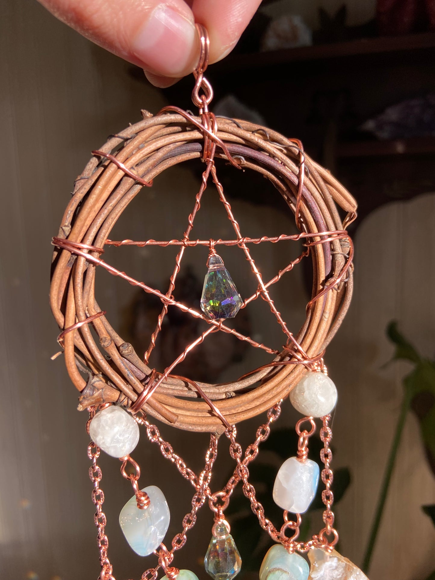 Blue/white agate pentacle sun catcher