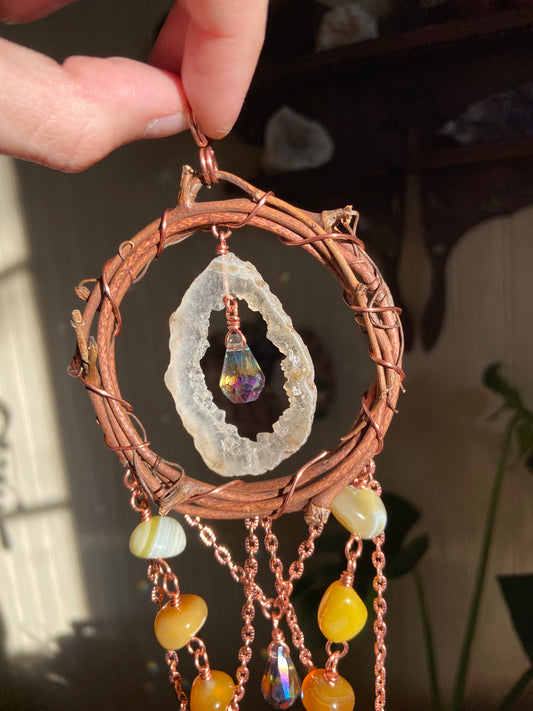 Red/yellow Agate and Quartz sun catcher