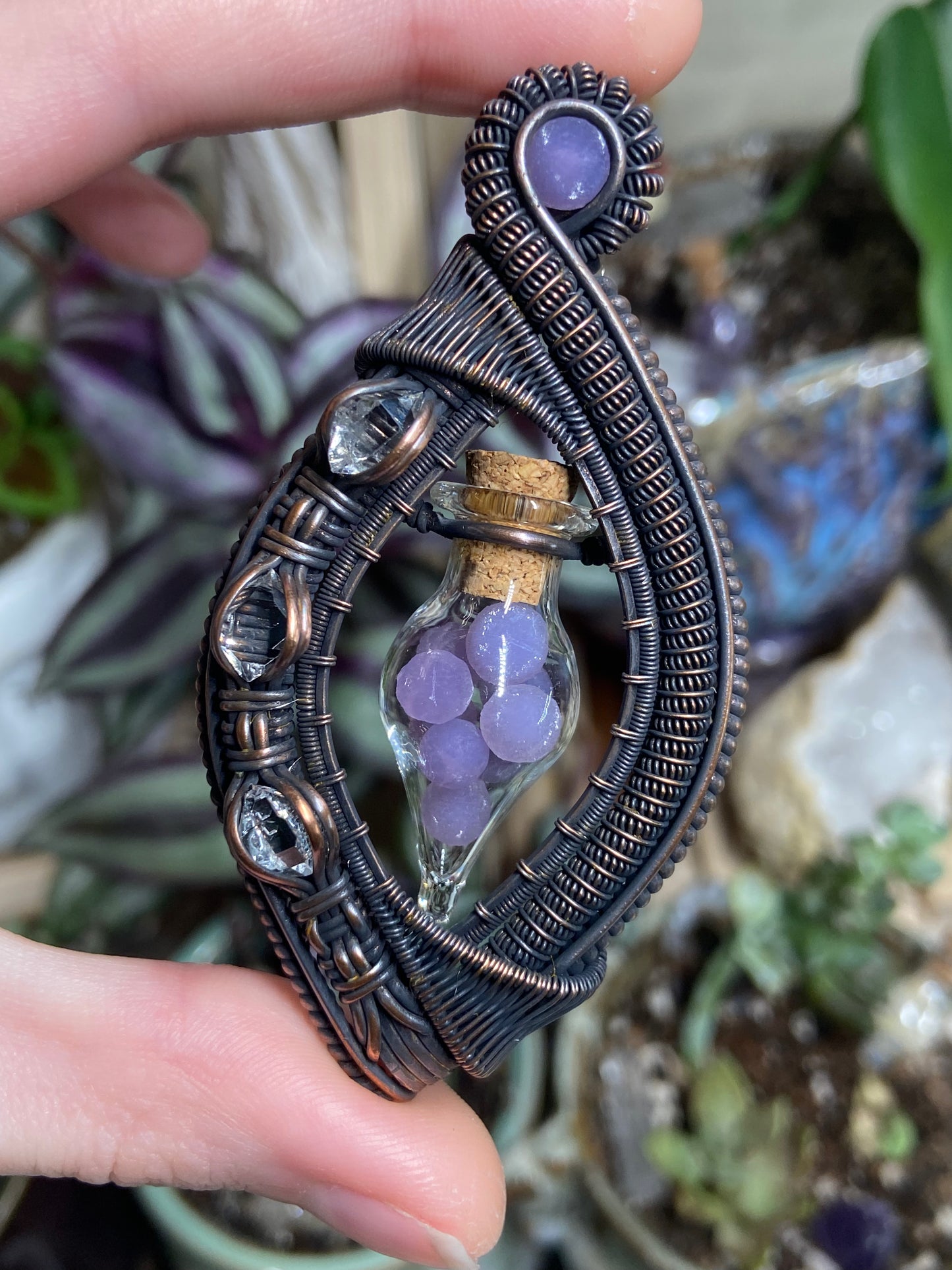Grape Agate and Herkimer Diamond vial vortex amulet in copper
