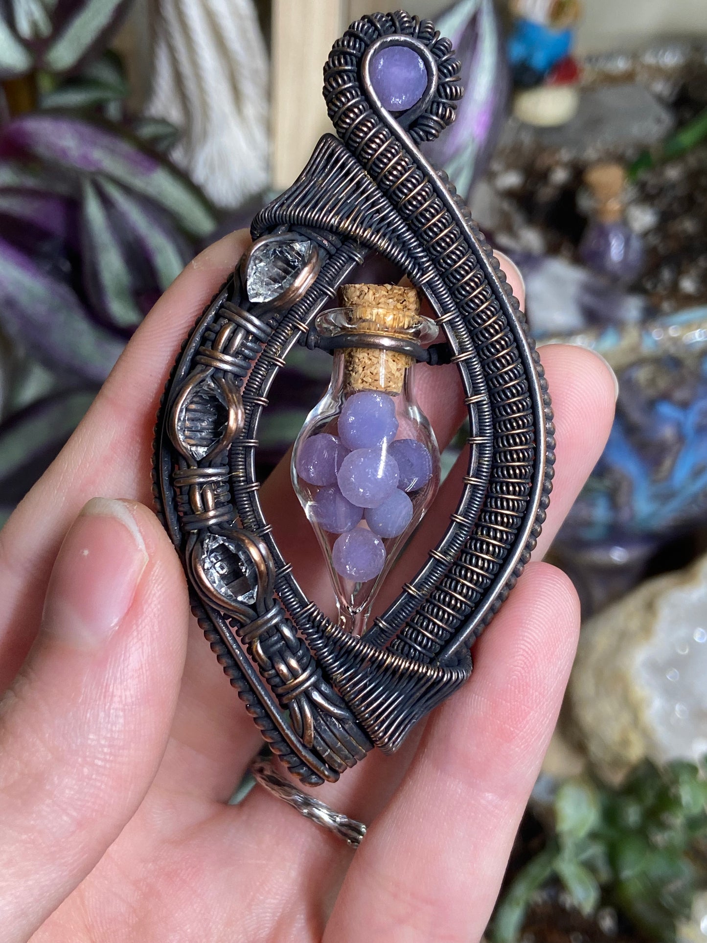 Grape Agate and Herkimer Diamond vial vortex amulet in copper