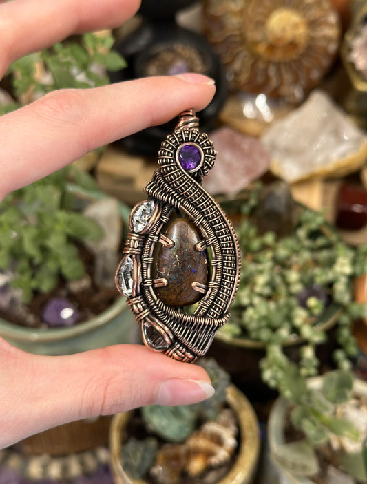 Australian Boulder Opal, Herkimer Diamond, and Amethyst amulet