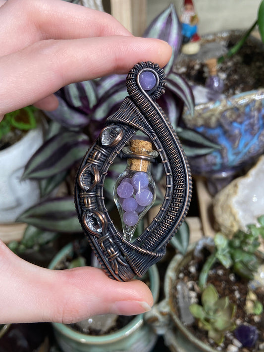 Grape Agate and Herkimer Diamond vial vortex amulet in copper