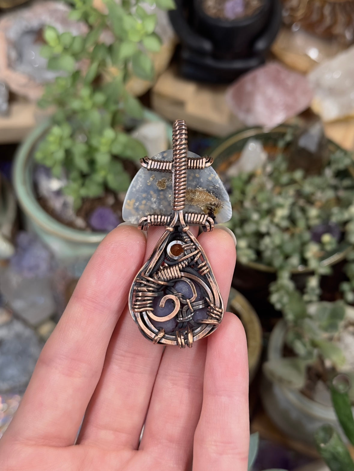 Dendritic Agate, Grape Agate, and Citrine mushroom amulet