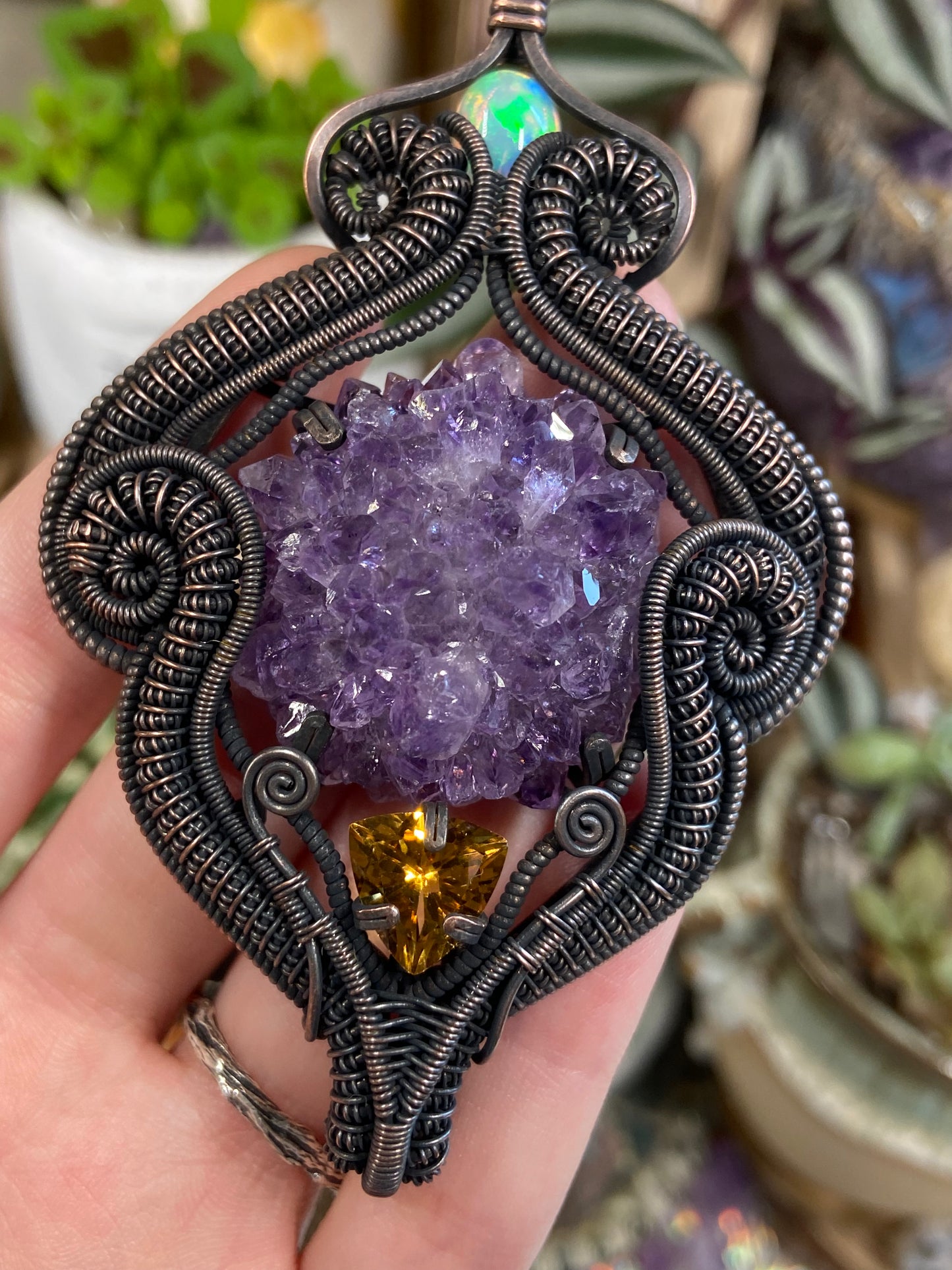 Amethyst, Opal, and Citrine squid amulet in copper