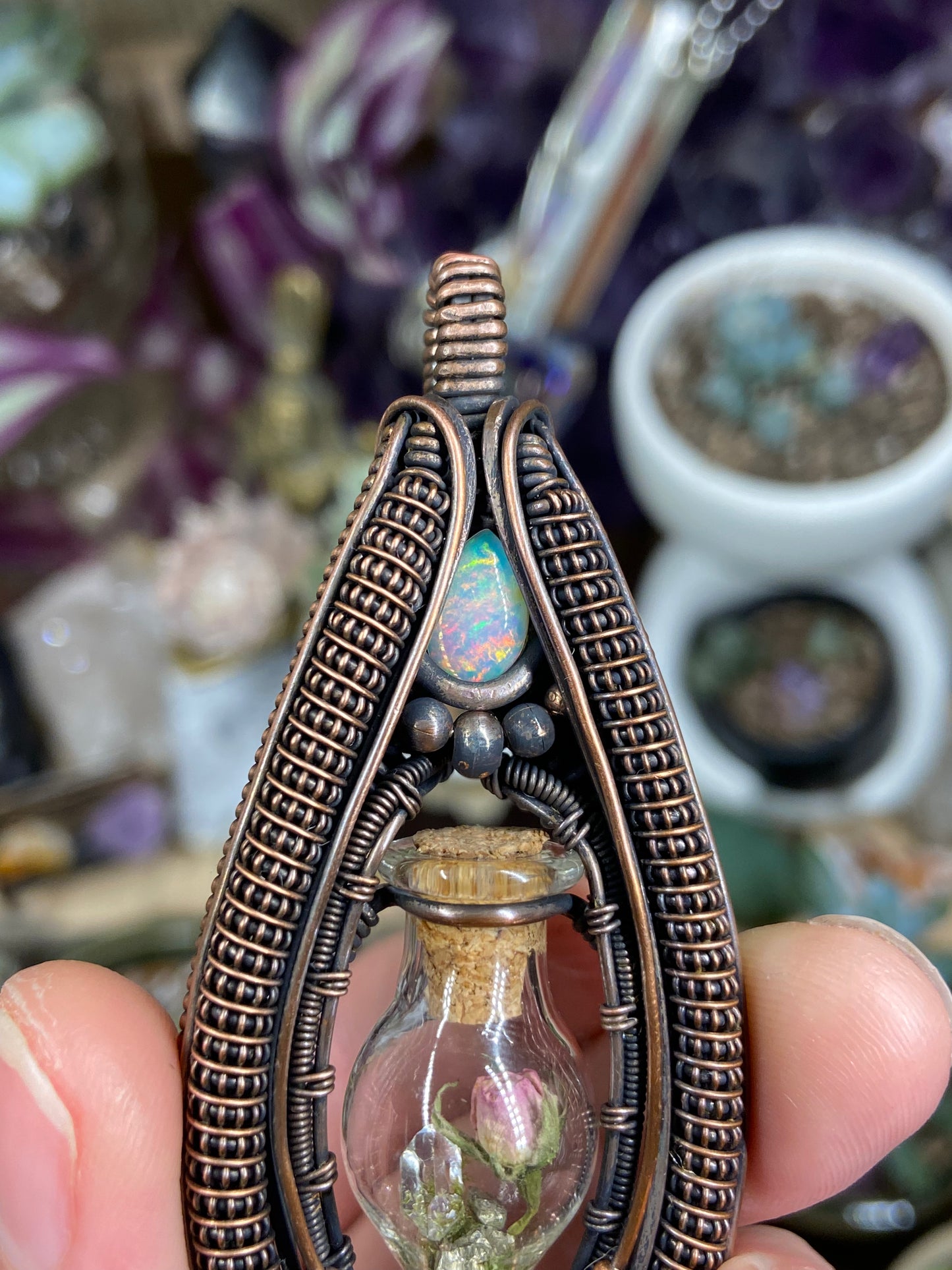 Pink Ruby rose terrarium amulet