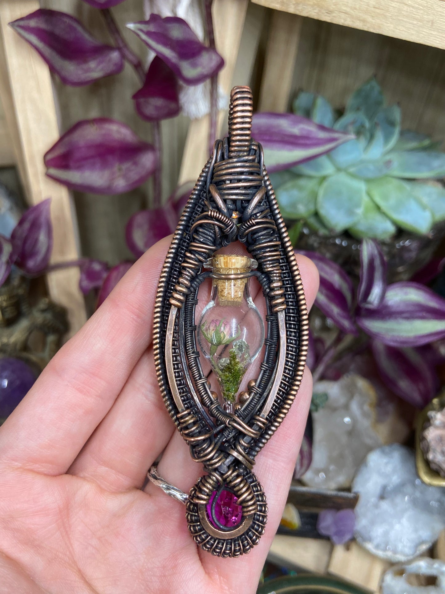 Pink Ruby rose terrarium amulet