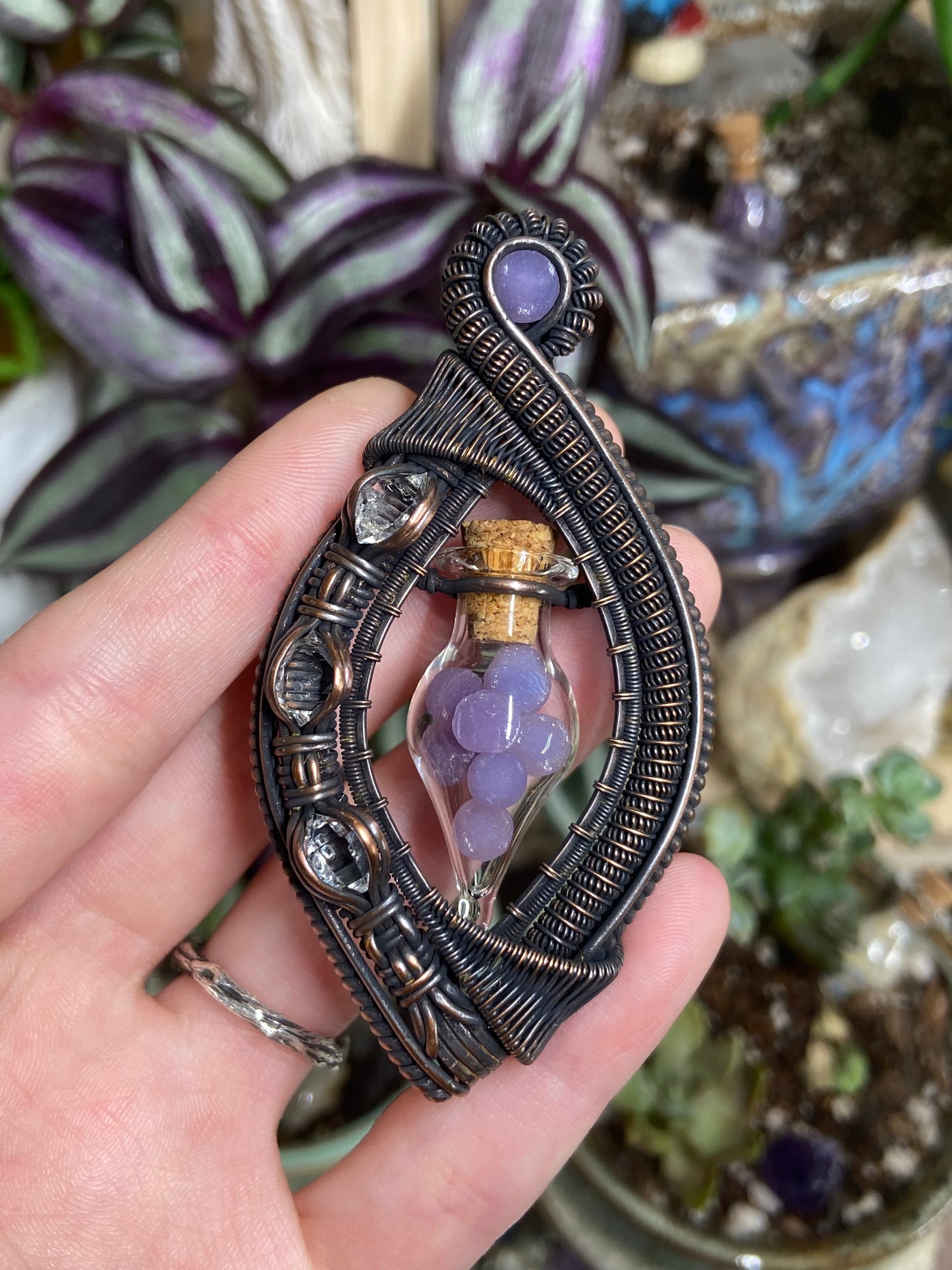 Grape Agate and Herkimer Diamond vial vortex amulet in copper