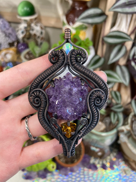 Amethyst, Opal, and Citrine squid amulet in copper