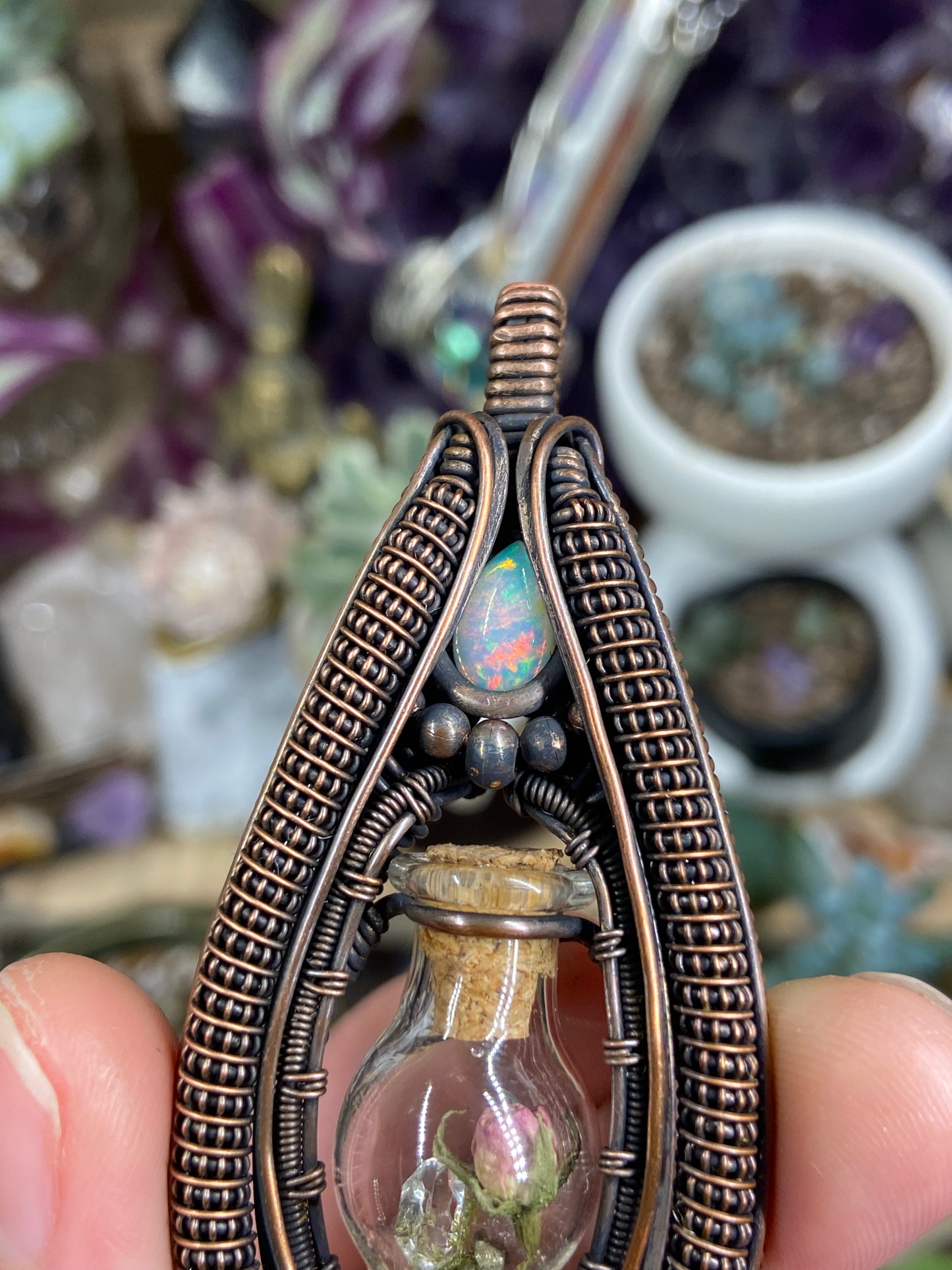 Pink Ruby rose terrarium amulet