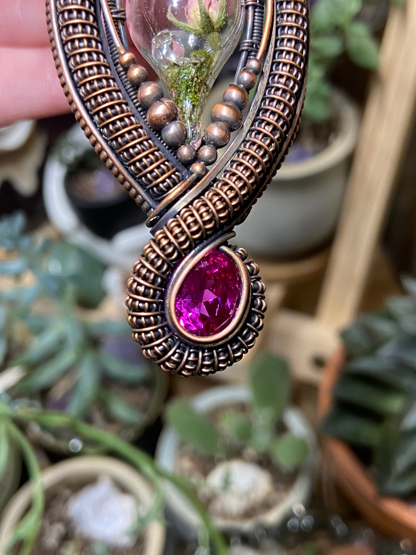 Pink Ruby rose terrarium amulet